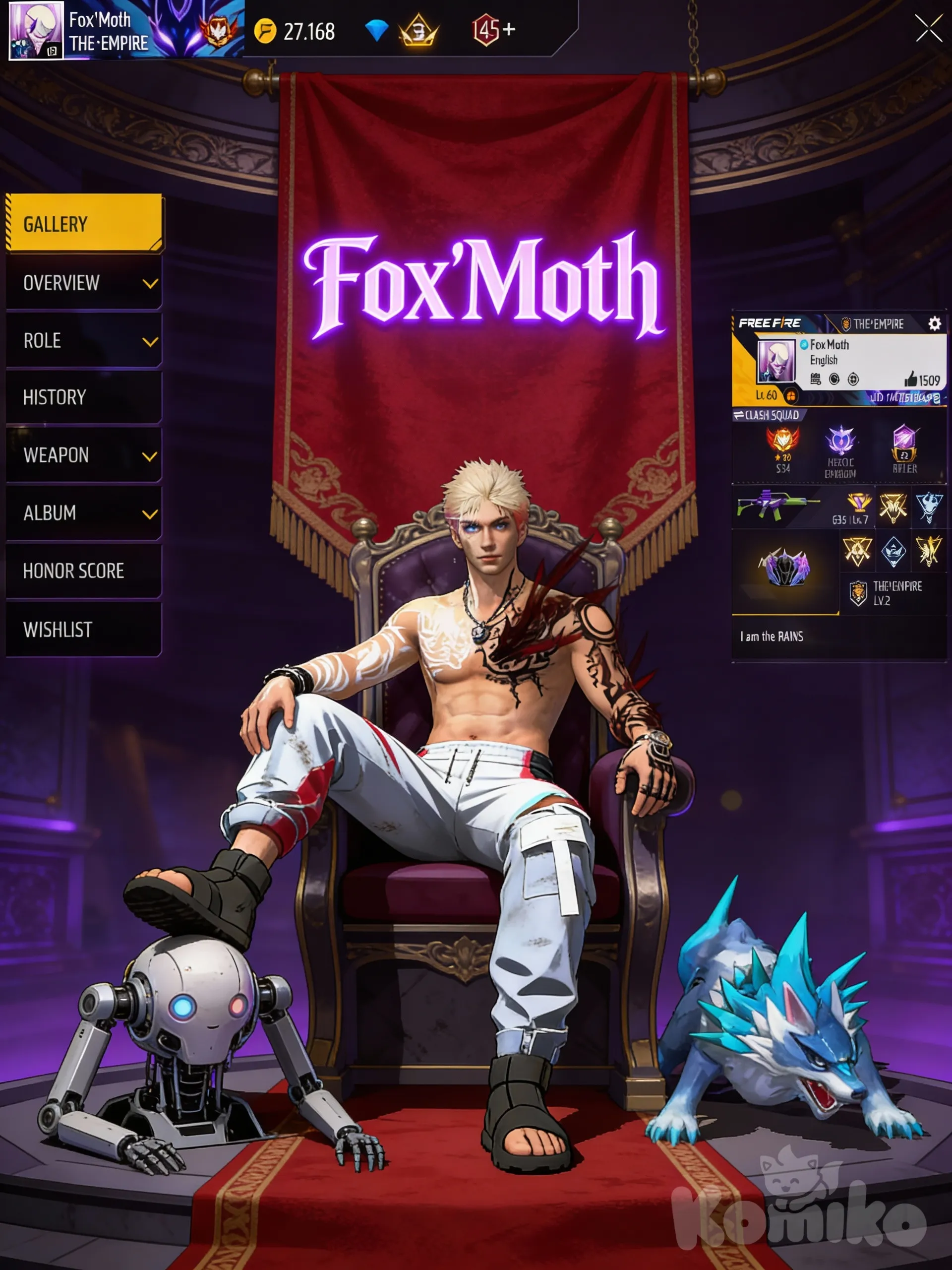 Create an anime style gaming profile scene. The character is sitting dominantly on a throne, one leg stepping on a robot's head (no body) showing power and control, the other leg relaxed. The pose feels fearless, calm, and deadly.
The character’s presence is menacing and elite, like a top-tier boss character. Clothing remains the same but appears more anime like with high-detail textures, wear marks.
Behind him there's a red carpet hanging from the ceiling write "Fox'Moth" with purple legendary font 
Do not alter the appearance or facial expression

A dark, anime environment boss level