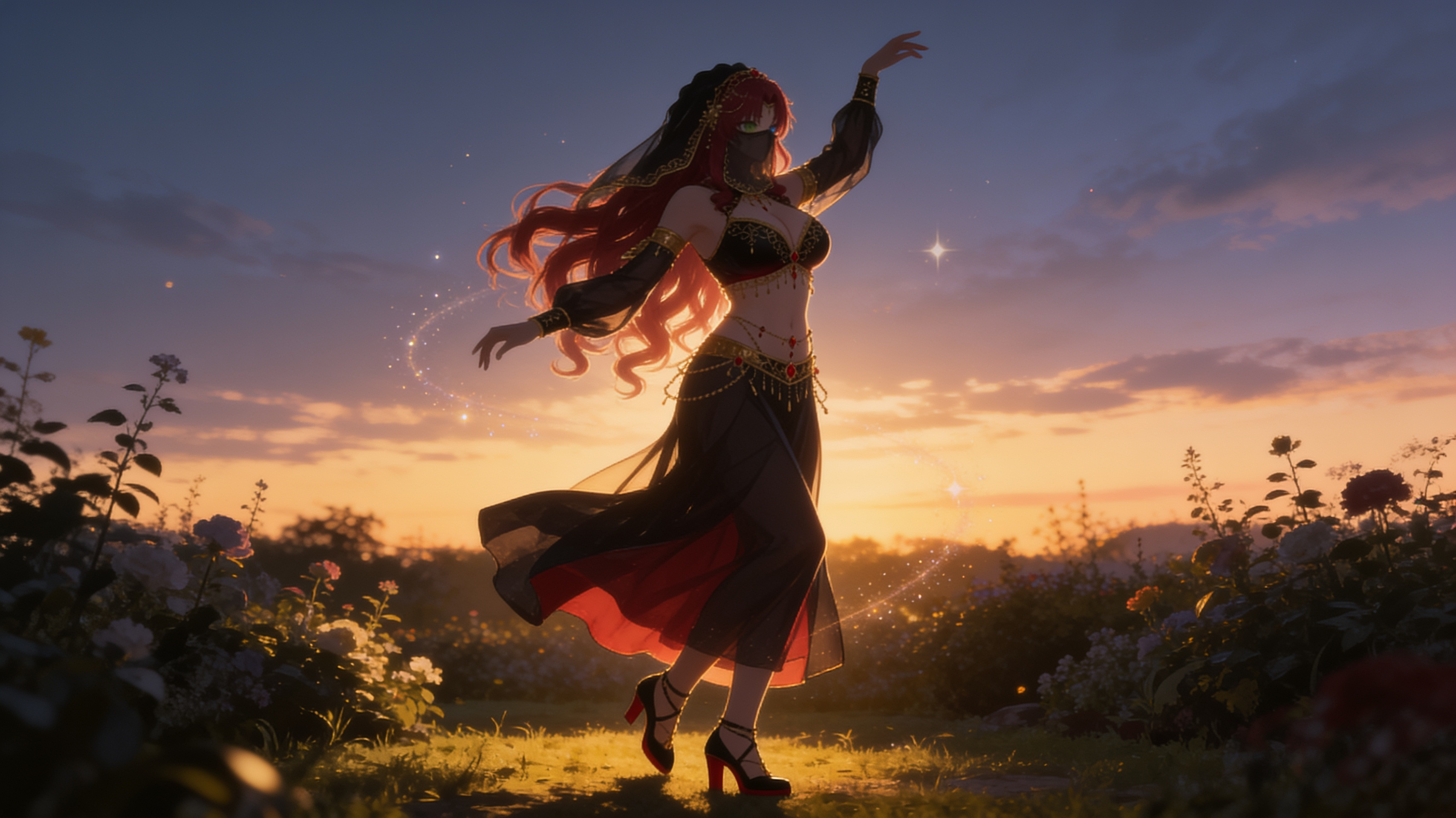 [soft-pastel-style], @ecclasya-xia-illuminare-JOUz, full body, sunset sky, sky, garden, twilight, sparkle, golden hour, dancing. The art will be depicting Ecclasya as the mysterious " Dancer of Twilight" She will be dancing