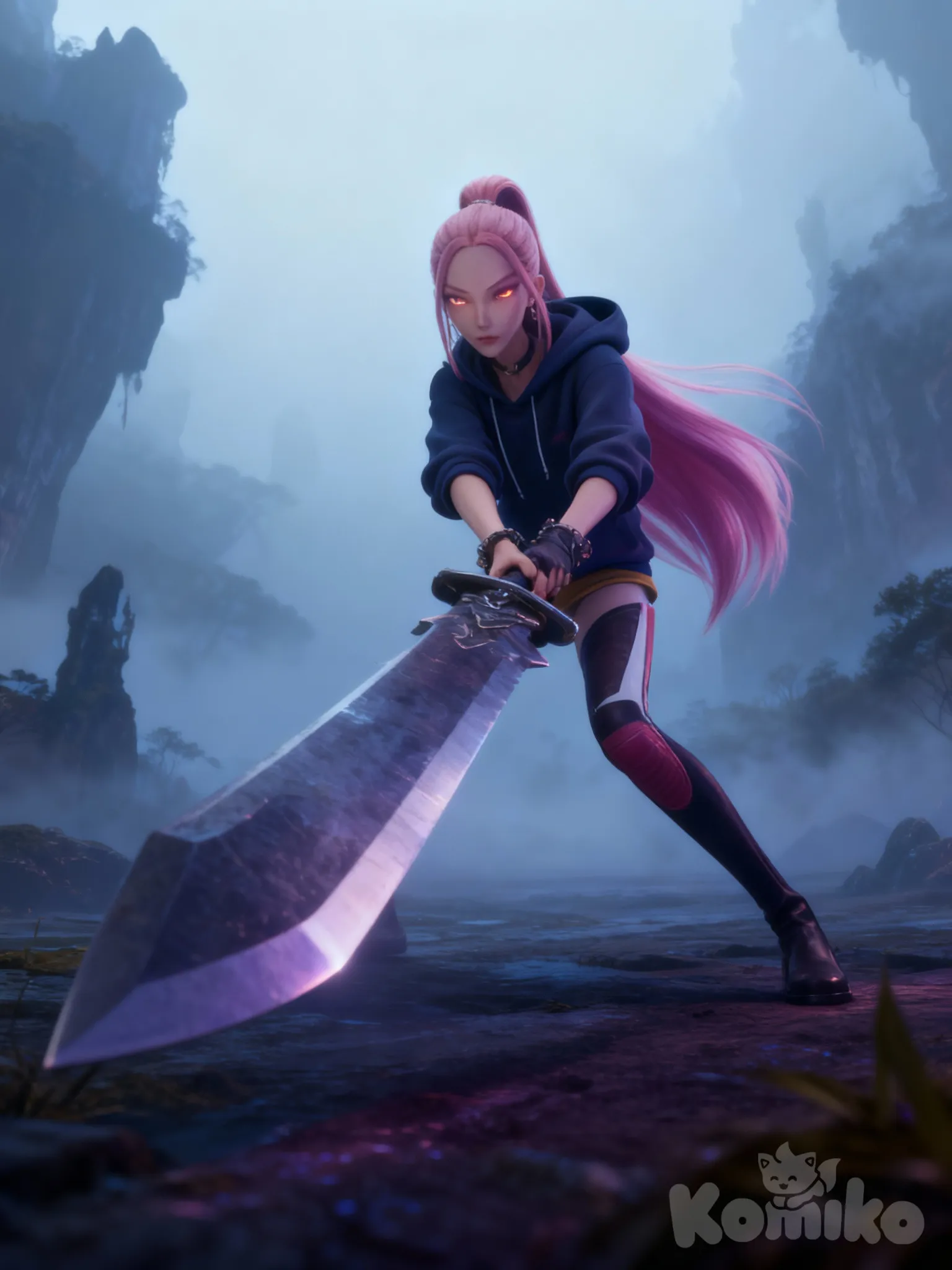 demon, @Mira, holding sword, hoodie, panoramic lens