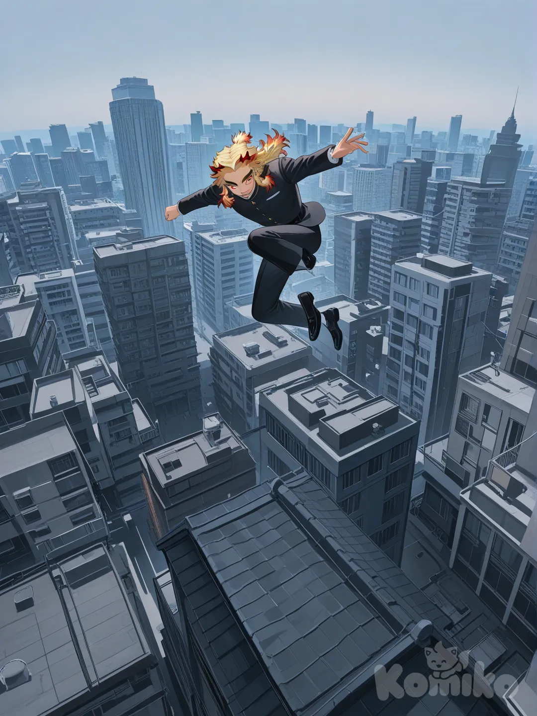 @Rengoku_Kyoujurou, jumping from rooftop, wide shot