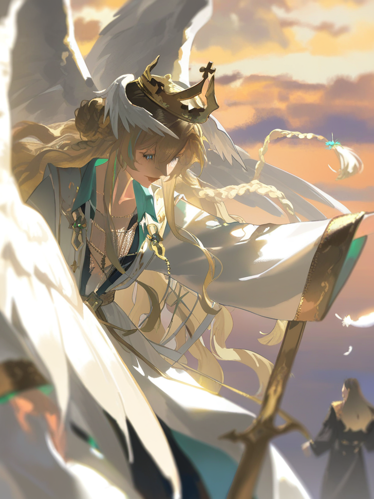 highly 1boy, solo, blonde hair, long hair, wavy hair, hair between eyes, golden crown, head wings, white wings, angel wings, two wings, white feathers, cross necklace, pectoral cross, multiple crosses, black robe, white robe, gold-trimmed clothing, gold embroidery, gold belt, sash, layered robes, chasuble, cassock, cope, wide sleeves, long sleeves, floor-length robe, flowing clothes, draped fabric, silk fabric, priestly attire, floating, levitating, depth of field, twilight, twilight sky, cloudy sky[aqua-dreamlight-style], @nalmes-qRc0