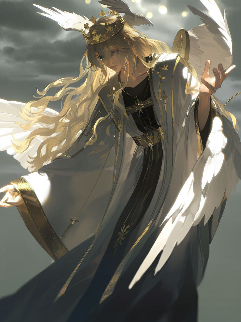highly 1boy, solo, blonde hair, long hair, wavy hair, hair between eyes, golden crown, head wings, white wings, angel wings, two wings, white feathers, cross necklace, pectoral cross, multiple crosses, black robe, white robe, gold-trimmed clothing, gold embroidery, gold belt, sash, layered robes, chasuble, cassock, cope, wide sleeves, long sleeves, floor-length robe, flowing clothes, draped fabric, silk fabric, priestly attire, floating, levitating, depth of field, twilight, twilight sky, cloudy sky[aqua-dreamlight-style], @nalmes-qRc0