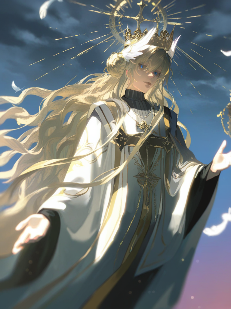 highly 1boy, solo, blonde hair, long hair, wavy hair, hair between eyes, golden crown, head wings, white wings, angel wings, two wings, white feathers, cross necklace, pectoral cross, multiple crosses, black robe, white robe, gold-trimmed clothing, gold embroidery, gold belt, sash, layered robes, chasuble, cassock, cope, wide sleeves, long sleeves, floor-length robe, flowing clothes, draped fabric, silk fabric, priestly attire, floating, levitating, depth of field, twilight, twilight sky, cloudy sky[aqua-dreamlight-style], @nalmes-qRc0