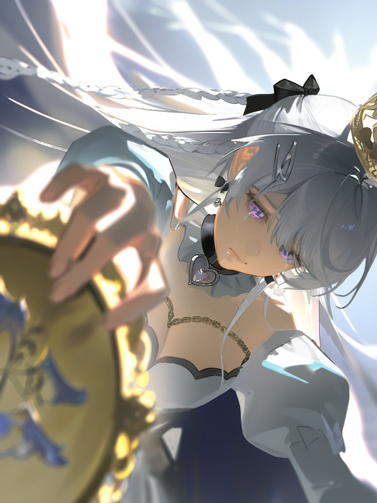 [aqua-dreamlight-style], 加冕礼。大透视 希腊神话感，神圣感。屏幕上方伸进来的破碎的石膏手捧着一个发光皇冠，, 低头接受奖赏。飘散的部分衣服前景模糊, depth of field, rim light 不要漏胸。用一些布条增加动态褶皱。, @semira-3H2F