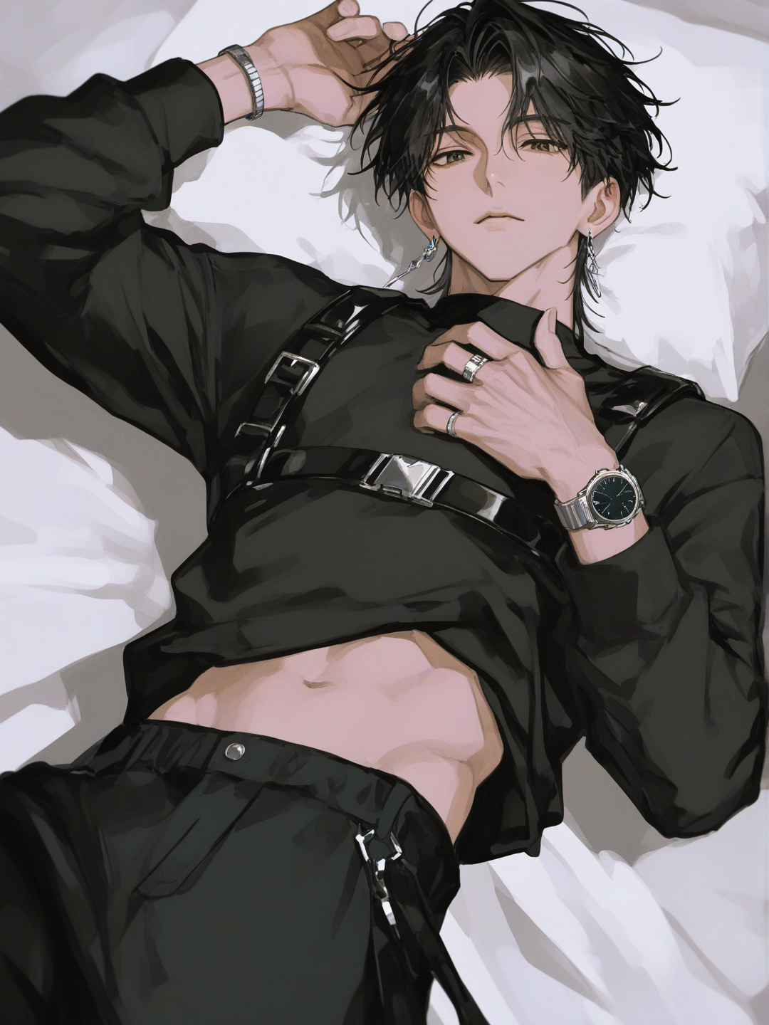 @mark-CC5h, [high-contrast-manhwa-style], chest harness, headshot, rim light, lie on stomache, casual pants