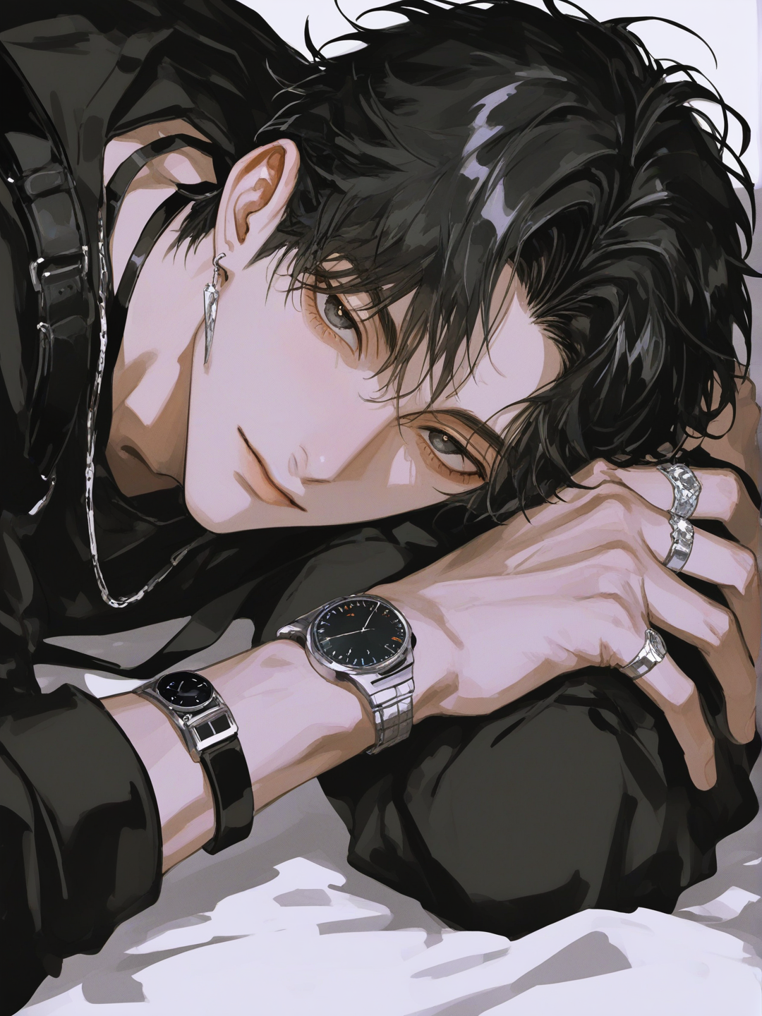 @mark-CC5h, [high-contrast-manhwa-style], chest harness, headshot, rim light, lie on stomache, casual pants