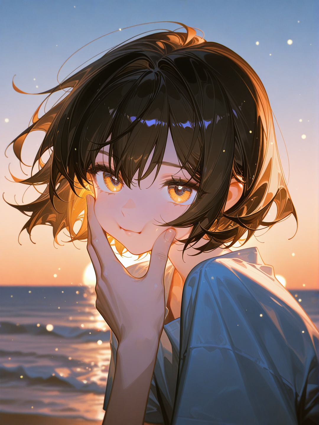 抚摸脸颊，对视，刮风，夕阳，海边，, [high-gloss-illustration-style], closeup, depth of field, rim light, glowing particles, golden hour