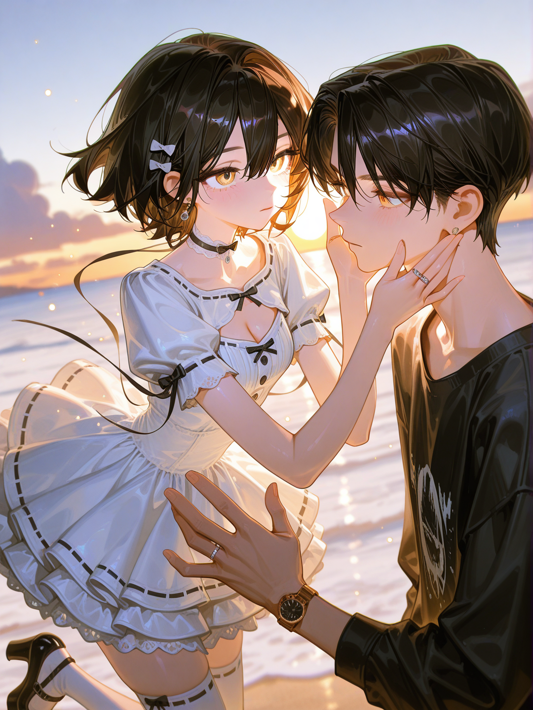 抚摸脸颊，对视，刮风，夕阳，橙色光氛围，海边，, [high-gloss-illustration-style], closeup, depth of field, rim light, glowing particles, golden hour, @mark-CC5h, @sakura-9Ssw，特写镜头，过肩视角, headshot, upper body, backlight