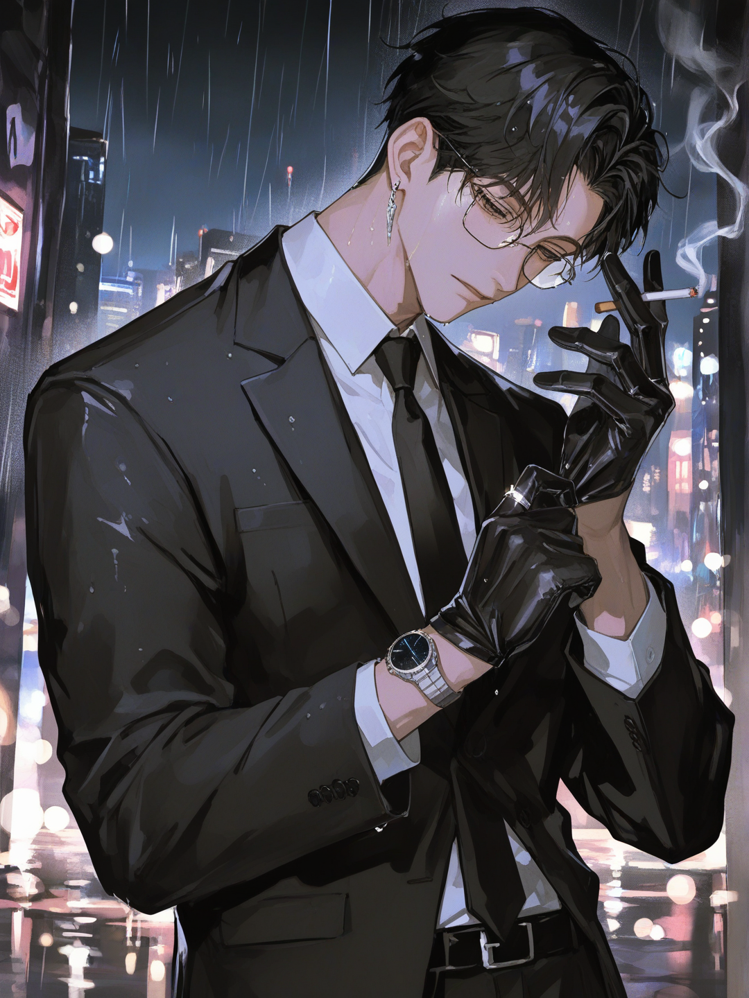 [high-contrast-manhwa-style], @mark-CC5h， 穿着黑色西装，左手给右手戴手套，嘴里叼着烟，向下俯视。雨天，戴眼镜，眼镜反光。阴暗小巷。背景为雨夜繁华城市，, depth of field, night