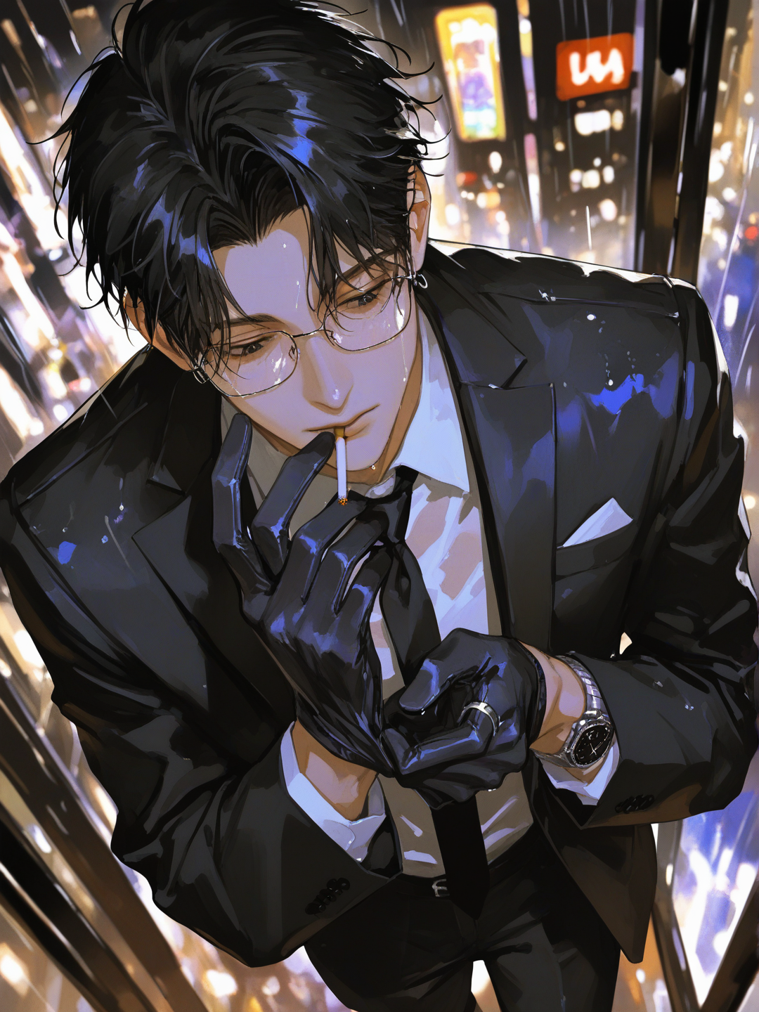 [high-contrast-manhwa-style], @mark-CC5h， 穿着黑色西装，左手给右手戴手套，嘴里叼着烟，向下俯视。雨天，戴眼镜，眼镜反光。阴暗小巷。背景为雨夜繁华城市，, depth of field, night