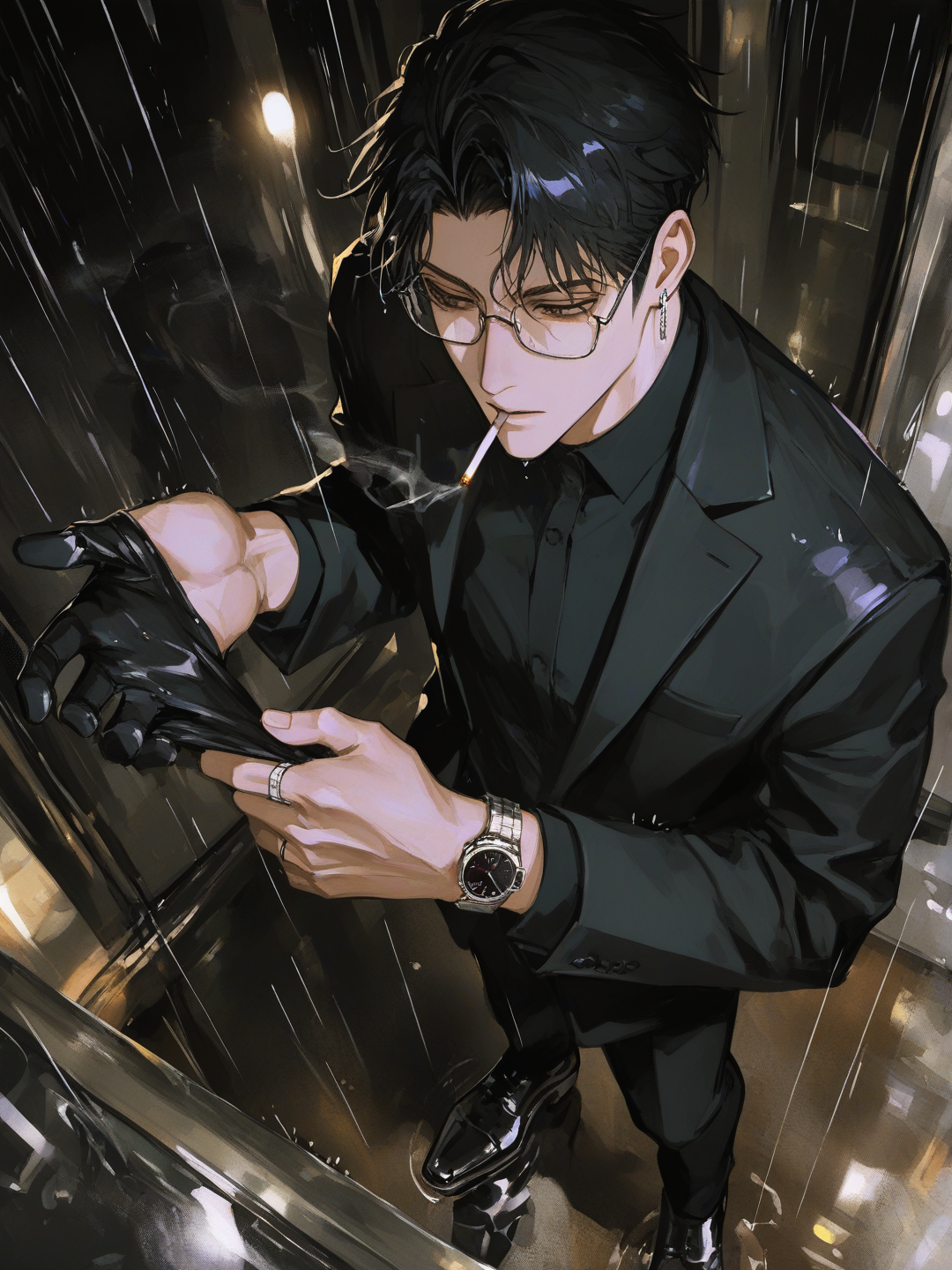 [high-contrast-manhwa-style], @mark-CC5h， 穿着黑色西装，左手给右手戴手套，嘴里叼着烟，向下俯视。雨天，戴眼镜，眼镜反光。阴暗小巷。背景为雨夜，, depth of field, night