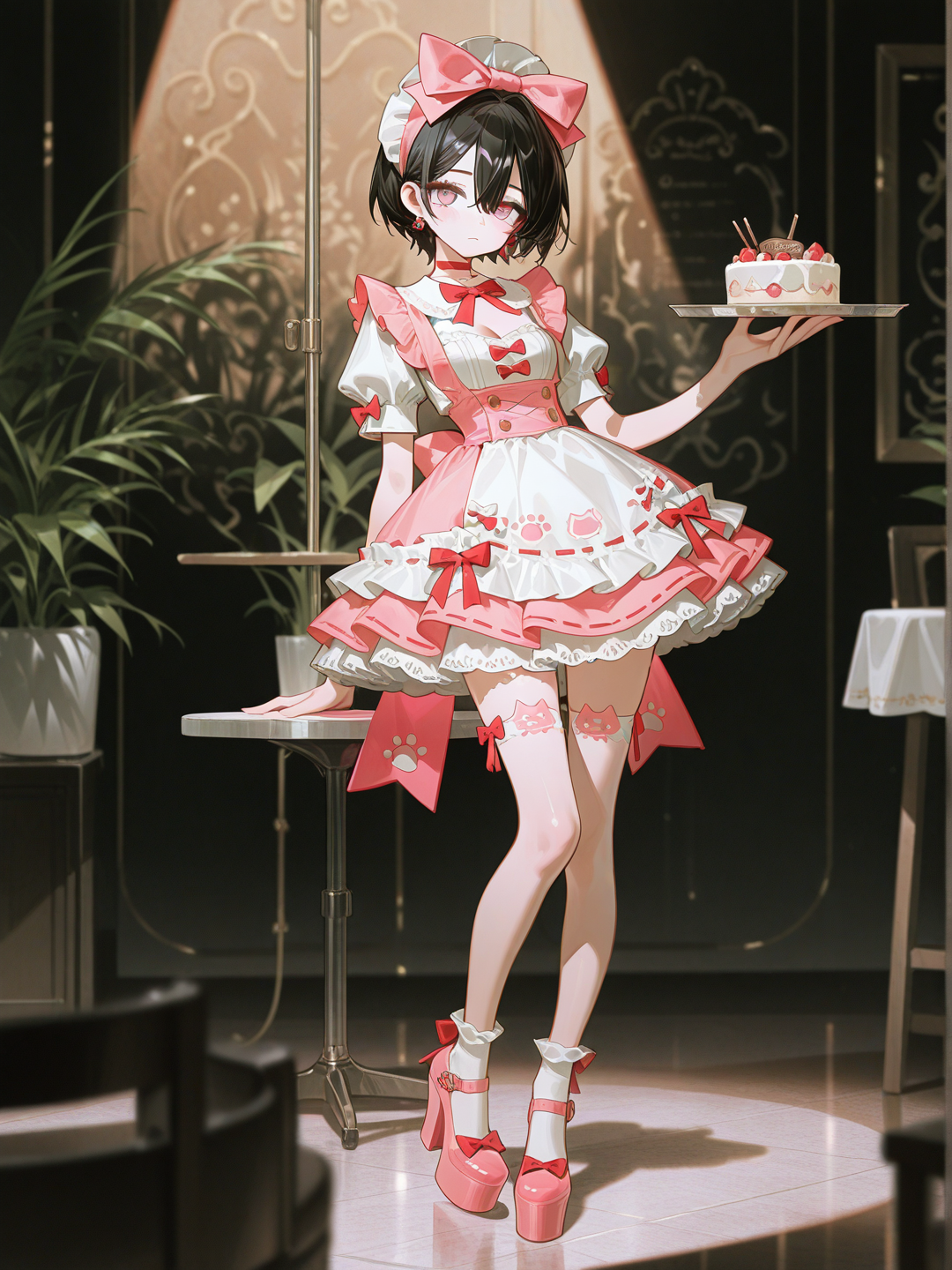 @sakura-9Ssw，, [high-gloss-illustration-style]，咖啡厅女仆，粉白色连身短裙，洛丽塔，粉色高跟鞋，白色小猫袜子，一只手托着一个放着蛋糕的托盘，, depth of field, studio lighting