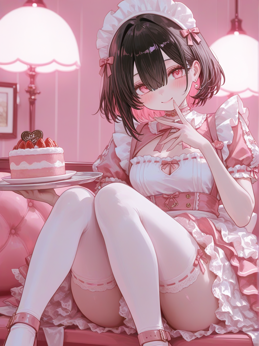 @sakura-9Ssw，, ，咖啡厅女仆，粉白色连身短裙，一只手托着一个放着蛋糕的托盘，可爱少女风格日系咖啡馆，粉白色装修风格咖啡馆, depth of field, studio lighting，, closeup, headshot，, rim light, flickering light, [sensual-glossy-style]
