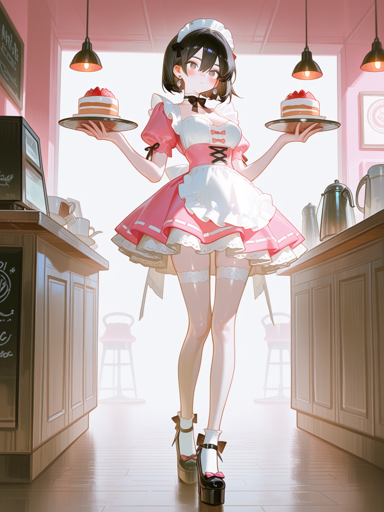 @sakura-9Ssw，, ，咖啡厅女仆，粉白色连身短裙，一只手托着一个放着蛋糕的托盘，可爱少女风格日系咖啡馆，粉白色装修风格咖啡馆, depth of field, studio lighting，, closeup, headshot，, rim light, flickering light, [high-gloss-illustration-style]