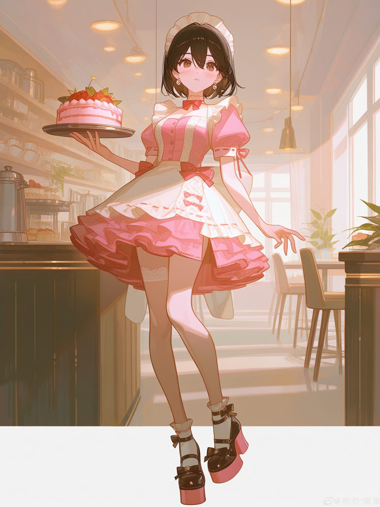 @sakura-9Ssw，, ，咖啡厅女仆，粉白色连身短裙，一只手托着一个放着蛋糕的托盘，可爱少女风格日系咖啡馆，粉白色装修风格咖啡馆, depth of field, studio lighting，, closeup, headshot，, rim light, flickering light, [dazzling-illustration-style]