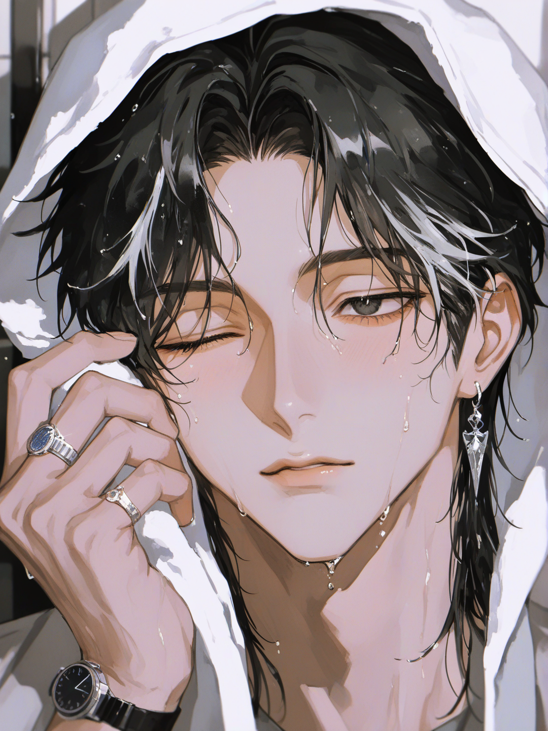@mark-CC5h, [high-contrast-manhwa-style]， 睡袍，擦头发，小水珠，浴室，一只眼闭上。银色发丝挑染，湿发, closeup, headshot, depth of field, ambient light, side light