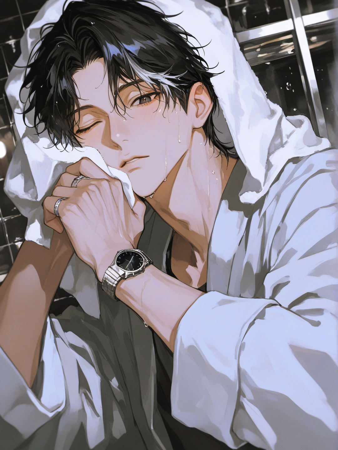 @mark-CC5h, [high-contrast-manhwa-style]， 睡袍，擦头发，小水珠，浴室，一只眼闭上。银色发丝挑染，湿发, depth of field, ambient light, side light, upper body