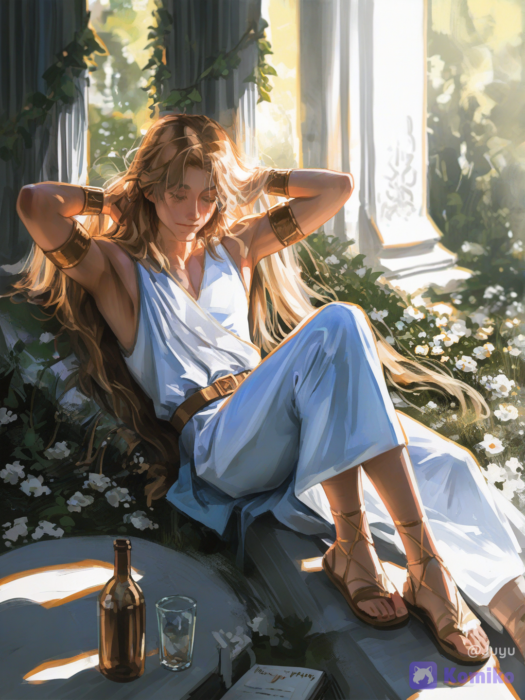 1boy, solo, male focus, beautiful boy, handsome young man, prince, noble youth, aristocrat, blonde hair, golden hair, wavy hair, tousled hair, soft hair, fair skin, slender build, athletic body, elegant physique, long legs, ancient greek clothing, ancient roman clothing, white tunic, toga-inspired outfit, embroidered trim, leather sandals, decorative arm bands, waist belt, sitting, reclining, resting, relaxed pose, hand behind neck, looking down, peaceful expression, garden, classical ruins, ancient temple, marble columns, ivy covered pillars, overgrown architecture, flowers, white flowers, greenery, nature reclaiming ruins, books, glass bottle, quiet afternoon, scholarly atmosphere, sunlight, warm sunlight, golden hour, dappled light, soft shadows, natural lighting, luminous atmosphere, romanticism, classical beauty, idyllic scenery, pastoral atmosphere, paradise garden, poetic atmosphere, anime style, semi-realistic, painterly rendering, fantasy illustration, background, soft shading, realistic lighting, cinematic lighting, volumetric lighting, depth of field, ultra HDR, vivid colors, breathtaking scenery, professional artwork, [radiant-coating-style]
