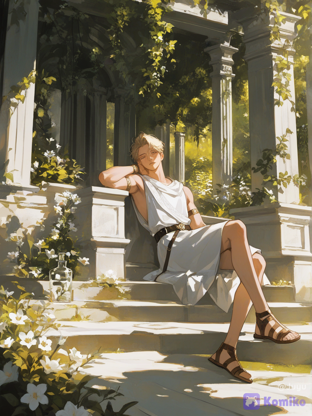 1boy, solo, male focus, beautiful boy, handsome young man, prince, noble youth, aristocrat, blonde hair, golden hair, wavy hair, tousled hair, soft hair, fair skin, slender build, athletic body, elegant physique, long legs, ancient greek clothing, ancient roman clothing, white tunic, toga-inspired outfit, embroidered trim, leather sandals, decorative arm bands, waist belt, sitting, reclining, resting, relaxed pose, hand behind neck, looking down, peaceful expression, garden, classical ruins, ancient temple, marble columns, ivy covered pillars, overgrown architecture, flowers, white flowers, greenery, nature reclaiming ruins, books, glass bottle, quiet afternoon, scholarly atmosphere, sunlight, warm sunlight, golden hour, dappled light, soft shadows, natural lighting, luminous atmosphere, romanticism, classical beauty, idyllic scenery, pastoral atmosphere, paradise garden, poetic atmosphere, anime style, semi-realistic, painterly rendering, fantasy illustration, background, soft shading, realistic lighting, cinematic lighting, volumetric lighting, depth of field, ultra HDR, vivid colors, breathtaking scenery, professional artwork, [high-contrast-manhwa-style]