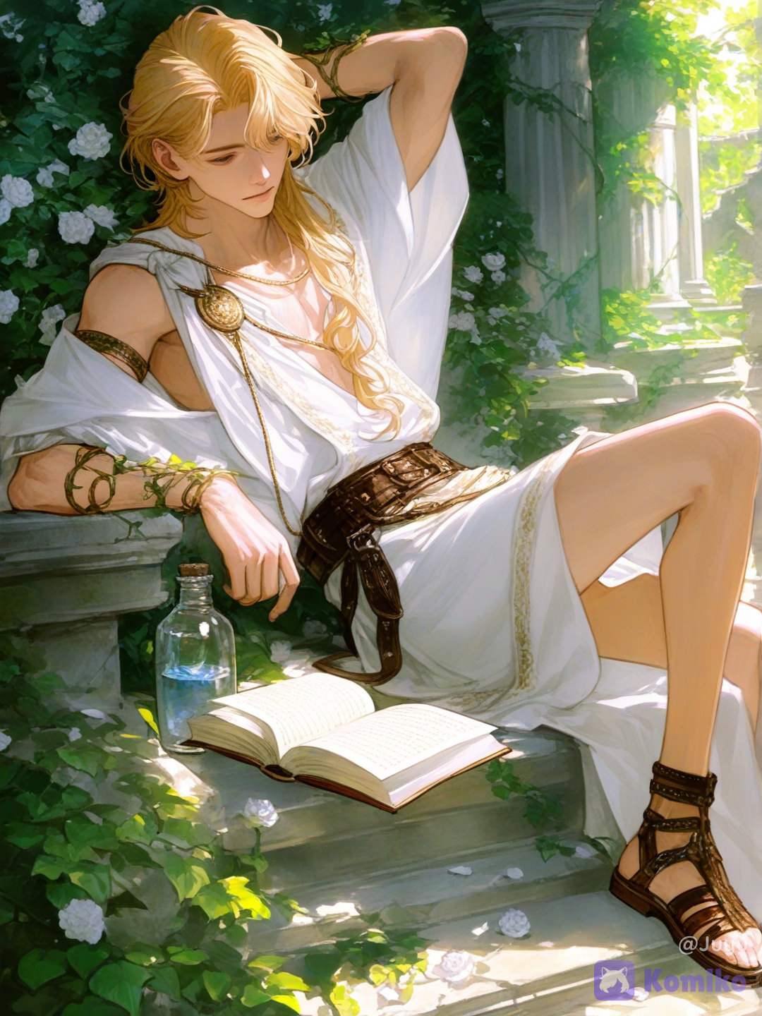 1boy, solo, male focus, beautiful boy, handsome young man, prince, noble youth, aristocrat, blonde hair, golden hair, wavy hair, tousled hair, soft hair, fair skin, slender build, athletic body, elegant physique, long legs, ancient greek clothing, ancient roman clothing, white tunic, toga-inspired outfit, embroidered trim, leather sandals, decorative arm bands, waist belt, sitting, reclining, resting, relaxed pose, hand behind neck, looking down, peaceful expression, garden, classical ruins, ancient temple, marble columns, ivy covered pillars, overgrown architecture, flowers, white flowers, greenery, nature reclaiming ruins, books, glass bottle, quiet afternoon, scholarly atmosphere, sunlight, warm sunlight, golden hour, dappled light, soft shadows, natural lighting, luminous atmosphere, romanticism, classical beauty, idyllic scenery, pastoral atmosphere, paradise garden, poetic atmosphere, anime style, semi-realistic, painterly rendering, fantasy illustration, background, soft shading, realistic lighting, cinematic lighting, volumetric lighting, depth of field, ultra HDR, vivid colors, breathtaking scenery, professional artwork, [vibrant-anime-male-style]