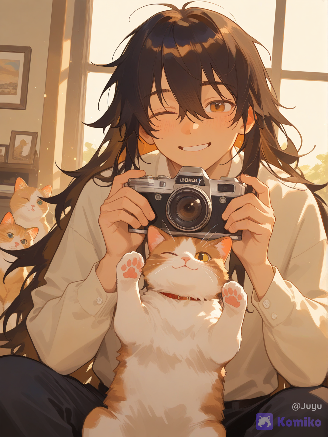 1boy, solo, male focus, handsome boy, cute boy, youthful male, gentle boy, black hair, messy hair, soft hair, slightly long hair, warm brown eyes, camera, holding camera, photographer, taking photo, hobby photographer, orange kitten, cat, holding cat, pet companion, fluffy cat, adorable animal, warm smile, wink, friendly expression, approachable, cheerful, affectionate, cozy atmosphere, slice of life, everyday life, wholesome mood, peaceful moment, golden hour, sunset lighting, warm lighting, sunlight, soft glow, cinematic glow, indoor lighting, window light, nostalgic atmosphere, dreamy atmosphere, anime style, semi-realistic, painterly rendering, highly soft shading, realistic lighting, depth of field, bokeh, warm color palette, ultra HDR, sharp focus, professional illustration, [soft-shading-style]