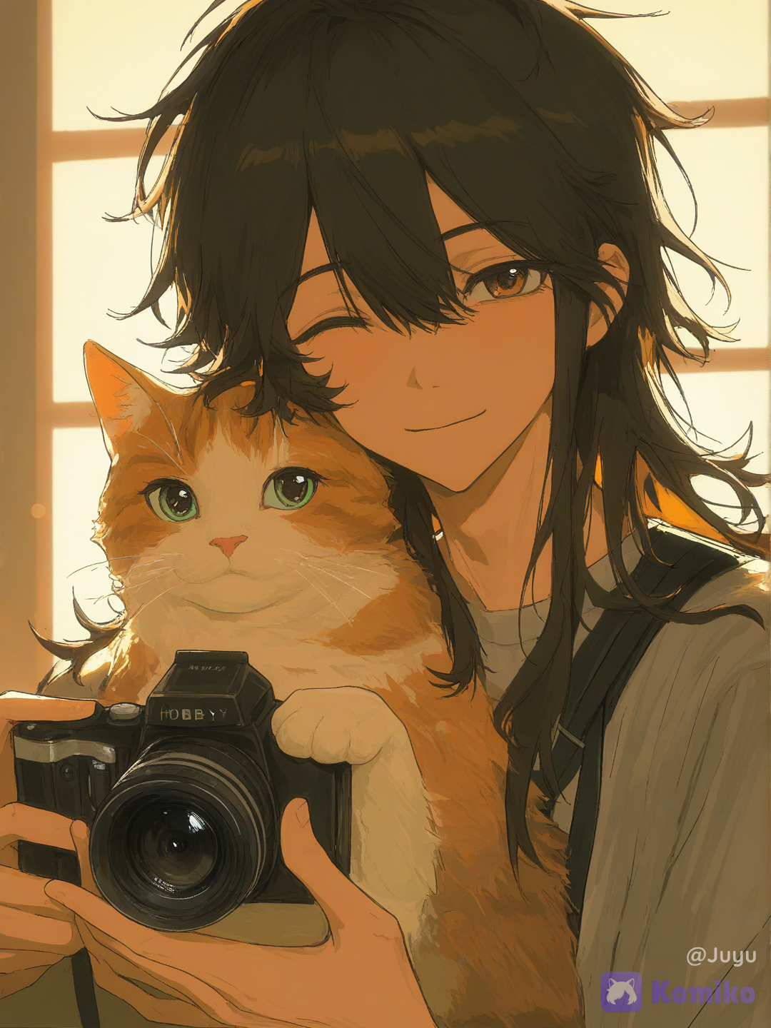 1boy, solo, male focus, handsome boy, cute boy, youthful male, gentle boy, black hair, messy hair, soft hair, slightly long hair, warm brown eyes, camera, holding camera, photographer, taking photo, hobby photographer, orange kitten, cat, holding cat, pet companion, fluffy cat, adorable animal, warm smile, wink, friendly expression, approachable, cheerful, affectionate, cozy atmosphere, slice of life, everyday life, wholesome mood, peaceful moment, golden hour, sunset lighting, warm lighting, sunlight, soft glow, cinematic glow, indoor lighting, window light, nostalgic atmosphere, dreamy atmosphere, anime style, semi-realistic, painterly rendering, highly soft shading, realistic lighting, depth of field, bokeh, warm color palette, ultra HDR, sharp focus, professional illustration, [desaturated-illustration-style]