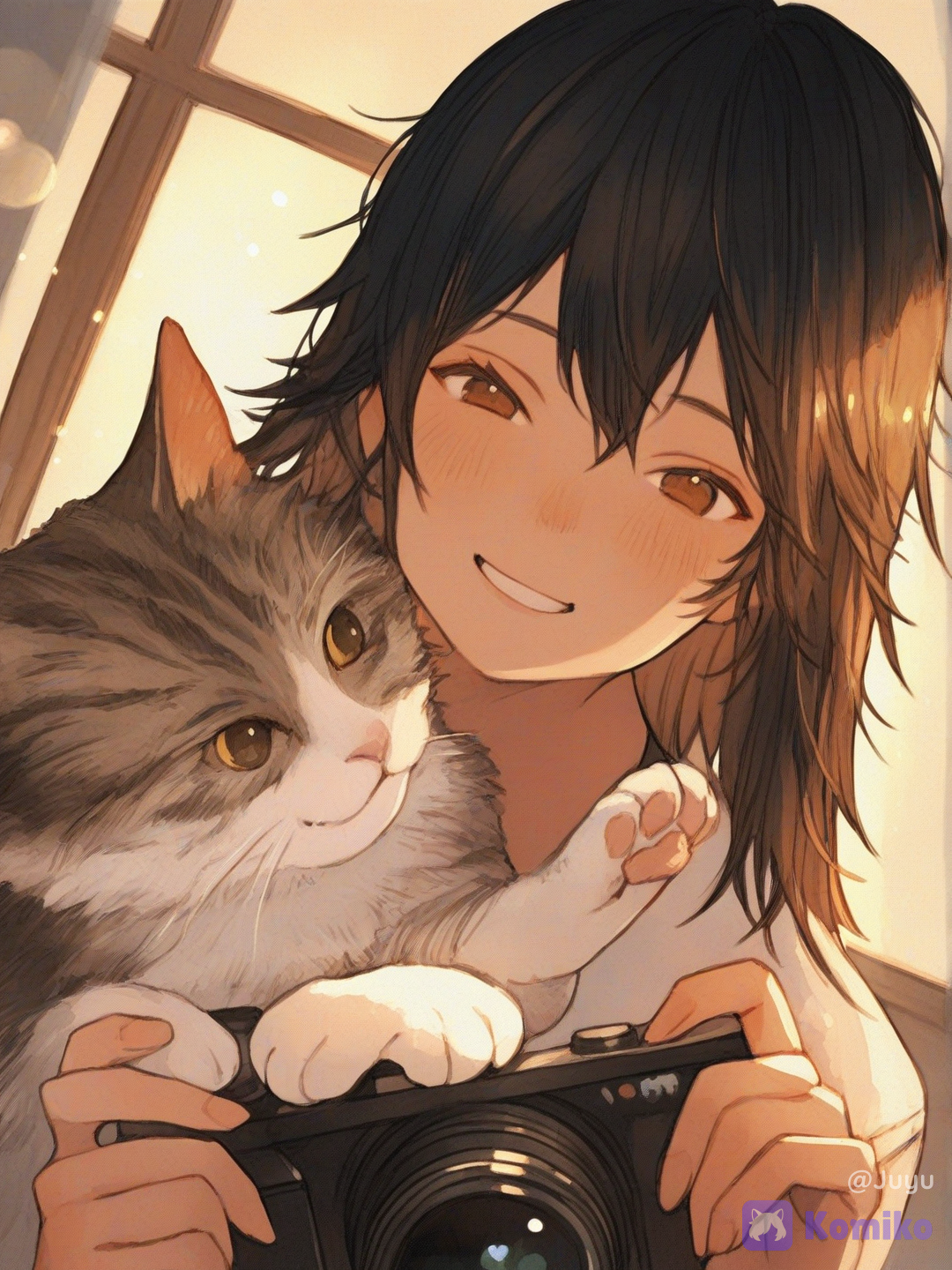 1boy, solo, male focus, handsome boy, cute boy, youthful male, gentle boy, black hair, messy hair, soft hair, slightly long hair, warm brown eyes, camera, holding camera, photographer, taking photo, hobby photographer, orange kitten, cat, holding cat, pet companion, fluffy cat, adorable animal, warm smile, wink, friendly expression, approachable, cheerful, affectionate, cozy atmosphere, slice of life, everyday life, wholesome mood, peaceful moment, golden hour, sunset lighting, warm lighting, sunlight, soft glow, cinematic glow, indoor lighting, window light, nostalgic atmosphere, dreamy atmosphere, anime style, semi-realistic, painterly rendering, highly soft shading, realistic lighting, depth of field, bokeh, warm color palette, ultra HDR, sharp focus, professional illustration, [soft-bloom-style]