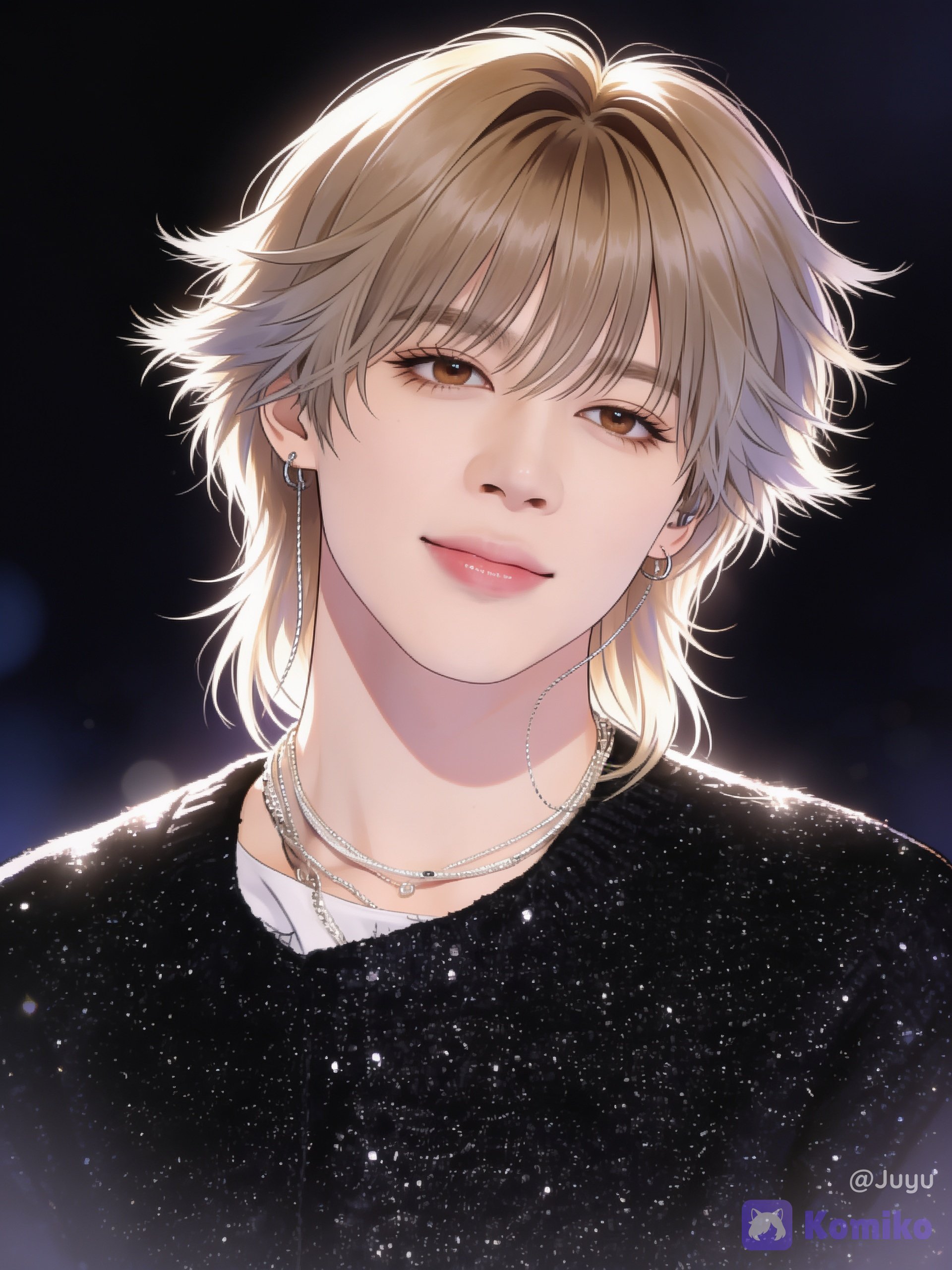 1boy, solo, beautiful boy, androgynous, soft masculine features, fair skin, fluffy layered hair, ash blonde hair, dirty blonde hair, mullet, wolf cut, feathered hair, curtain bangs, medium hair, wispy hair, voluminous hair, brown eyes, soft smile, looking at viewer, gentle expression, glossy lips, smooth skin, earrings, layered necklaces, black glitter sweater, stage outfit, upper body, portrait, close-up, idol aesthetic, elegant, ethereal, youthful, delicate features, soft lighting, rim lighting, cinematic lighting, volumetric lighting, bokeh, depth of field, realistic skin texture, realistic eyes, realistic eyelashes, highly face, highly hair, individual hair strands, absurdres, ultra extremely anime realism, semi-realistic, premium visual quality, professional artwork, soft glow, dreamy atmosphere