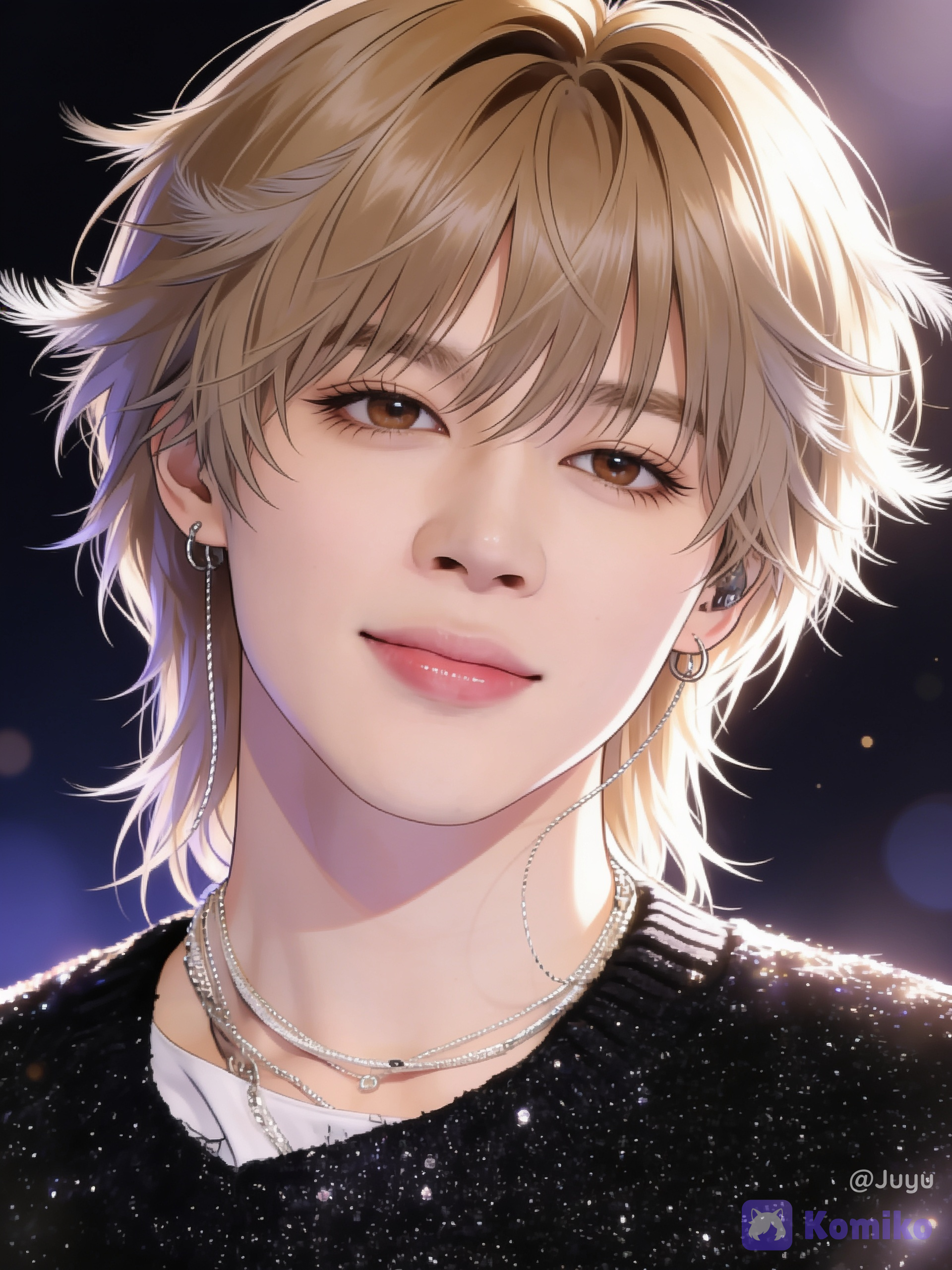 1boy, solo, beautiful boy, androgynous, soft masculine features, fair skin, fluffy layered hair, ash blonde hair, dirty blonde hair, mullet, wolf cut, feathered hair, curtain bangs, medium hair, wispy hair, voluminous hair, brown eyes, soft smile, looking at viewer, gentle expression, glossy lips, smooth skin, earrings, layered necklaces, black glitter sweater, stage outfit, upper body, portrait, close-up, idol aesthetic, elegant, ethereal, youthful, delicate features, soft lighting, rim lighting, cinematic lighting, volumetric lighting, bokeh, depth of field, realistic skin texture, realistic eyes, realistic eyelashes, highly face, highly hair, individual hair strands, absurdres, ultra extremely anime realism, semi-realistic, premium visual quality, professional artwork, soft glow, dreamy atmosphere