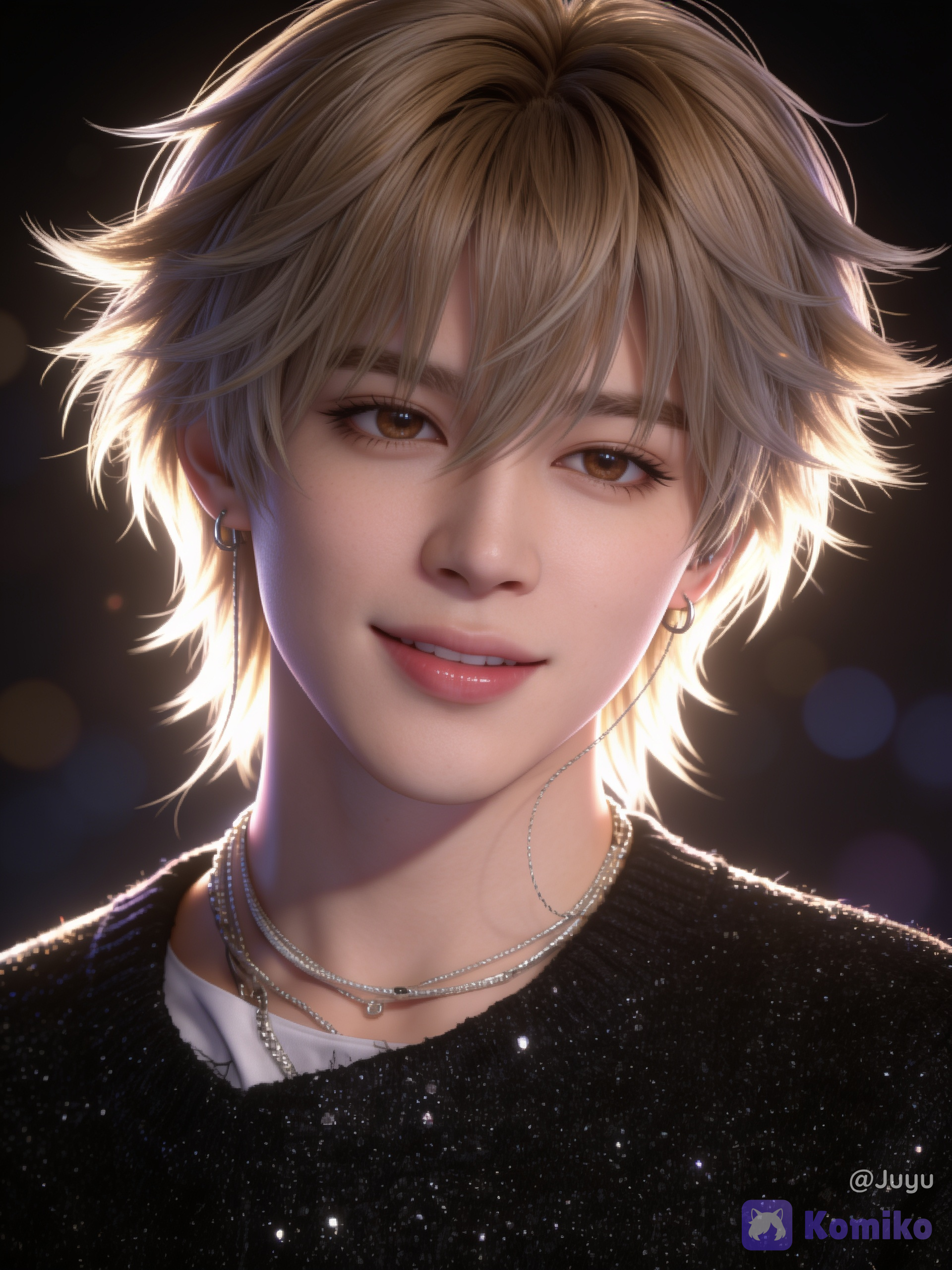 1boy, solo, beautiful boy, androgynous, soft masculine features, fair skin, fluffy layered hair, ash blonde hair, dirty blonde hair, mullet, wolf cut, feathered hair, curtain bangs, medium hair, wispy hair, voluminous hair, brown eyes, soft smile, looking at viewer, gentle expression, glossy lips, smooth skin, earrings, layered necklaces, black glitter sweater, stage outfit, upper body, portrait, close-up, idol aesthetic, elegant, ethereal, youthful, delicate features, soft lighting, rim lighting, cinematic lighting, volumetric lighting, bokeh, depth of field, realistic skin texture, realistic eyes, realistic eyelashes, highly face, highly hair, individual hair strands, absurdres, ultra extremely anime realism, semi-realistic, premium visual quality, professional artwork, soft glow, dreamy atmosphere