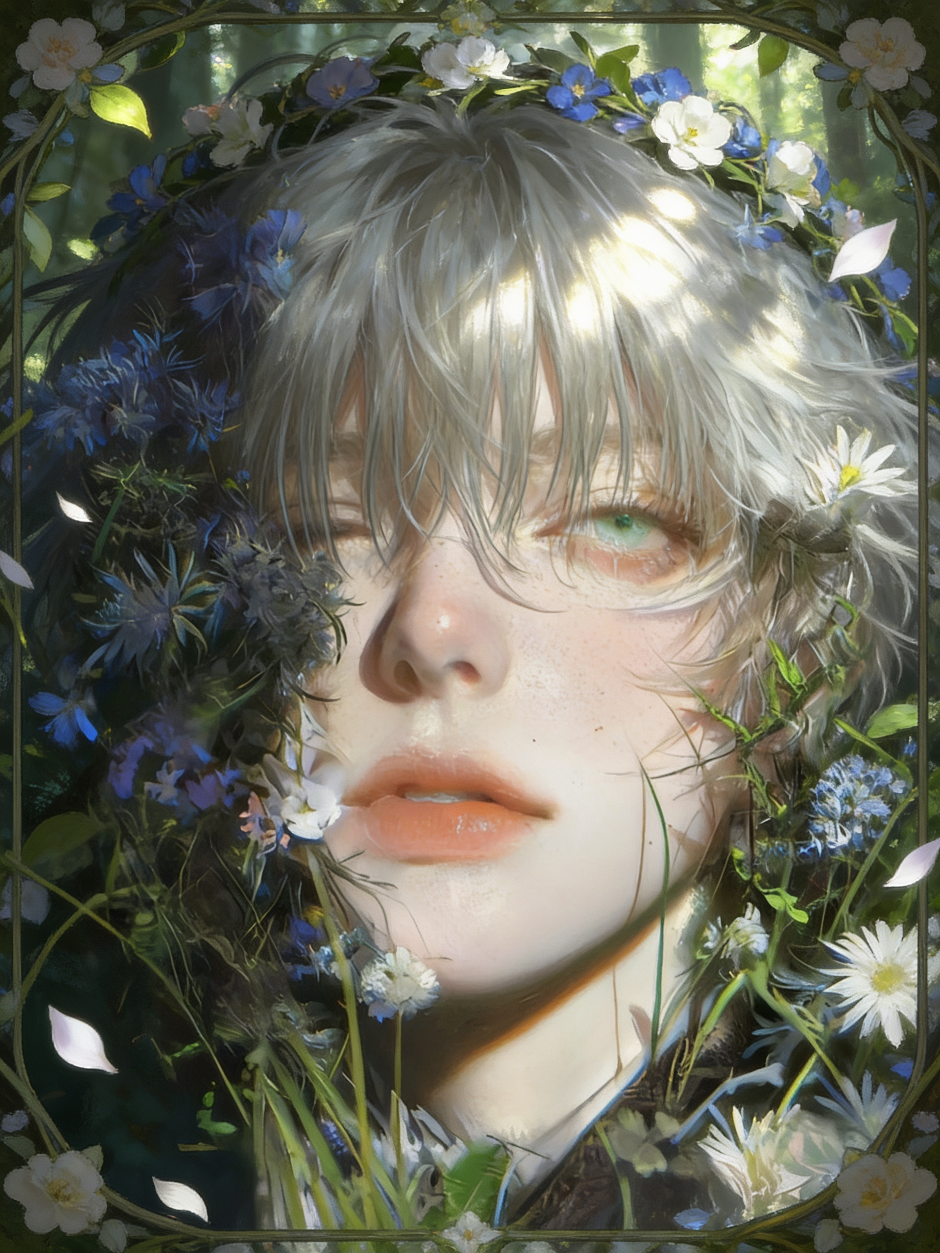 1boy, solo, androgynous, bishounen, pretty_boy, ethereal, pale_skin, fair_skin, freckles, soft_features, green_eyes, half_closed_eyes, glossy_lips, parted_lips, messy_hair, fluffy_hair, overgrown_hair, bangs_over_eyes, silver_hair, ash_blonde_hair, flower, flowers, surrounded_by_flowers, blue_flowers, white_flowers, wildflowers, leaves, vines, plant, nature, floral_frame, flower_crown, petals, portrait, close-up, face_focus, looking_at_viewer, soft_lighting, dappled_sunlight, sunlight, dreamy, serene, melancholic, mysterious, fairy, forest_spirit, fae, woodland_aesthetic, ethereal_aesthetic, fantasy, highly_detailed, realistic_anime, painterly, illustration, soft_shading