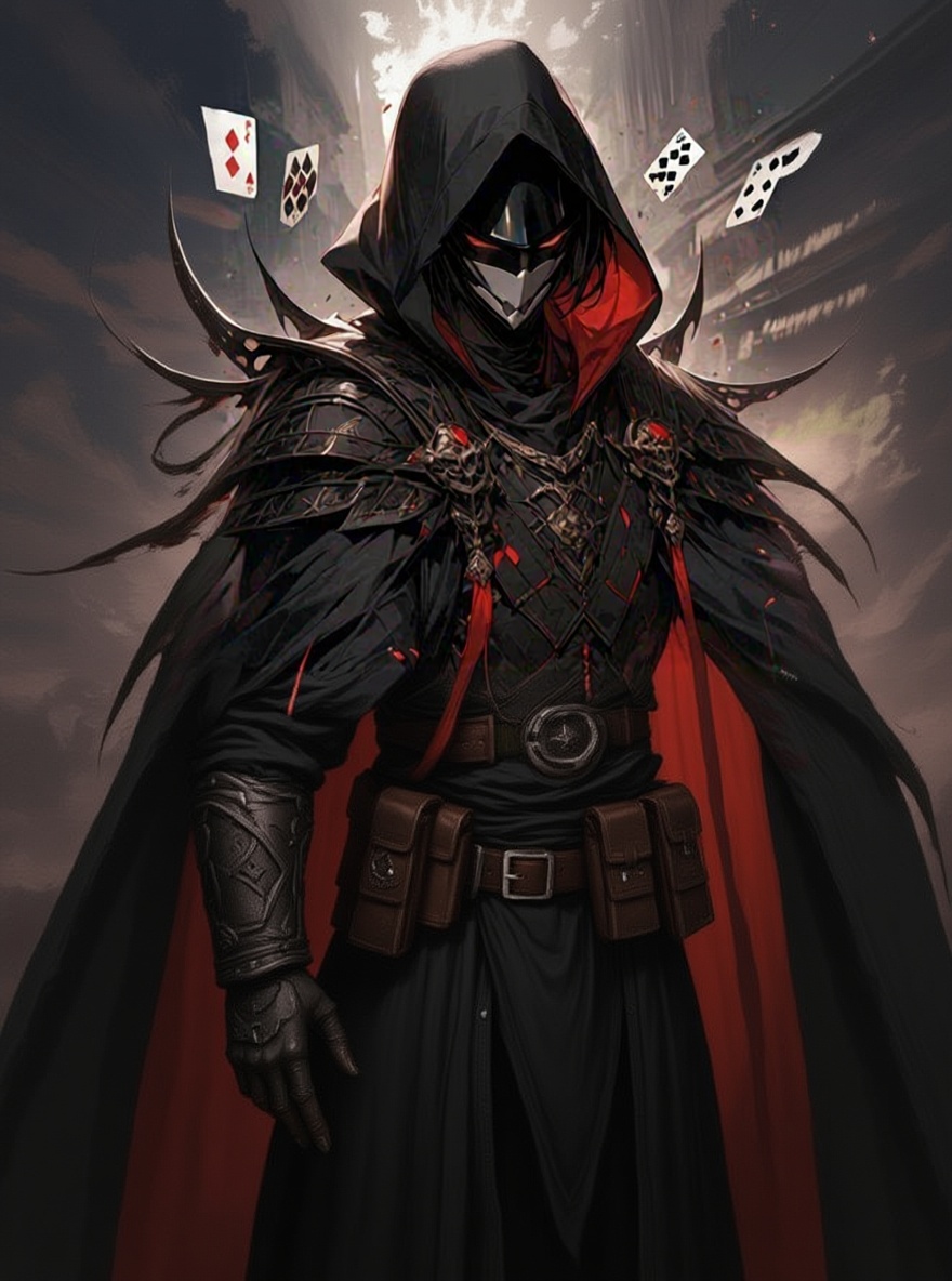 166 cm, laki-laki,kulit gelap yang memakai topi dan memakai topeng hitam dan memencarkan aura kegelapantinggi
topeng memencarkan aura kegelapan mematikan
tidak memiliki wajah muka, memakai seragam juvah dan aksesoris peralatan dan memakai sarung tangan memakai sepatu kegelapan,seragam di penuhi peralatan tempur dan memiliki jubah kegelapan tidak memiliki kepala dan muka dan wajah hanya memakai topeng memencarkan aura kegelapan mematikan