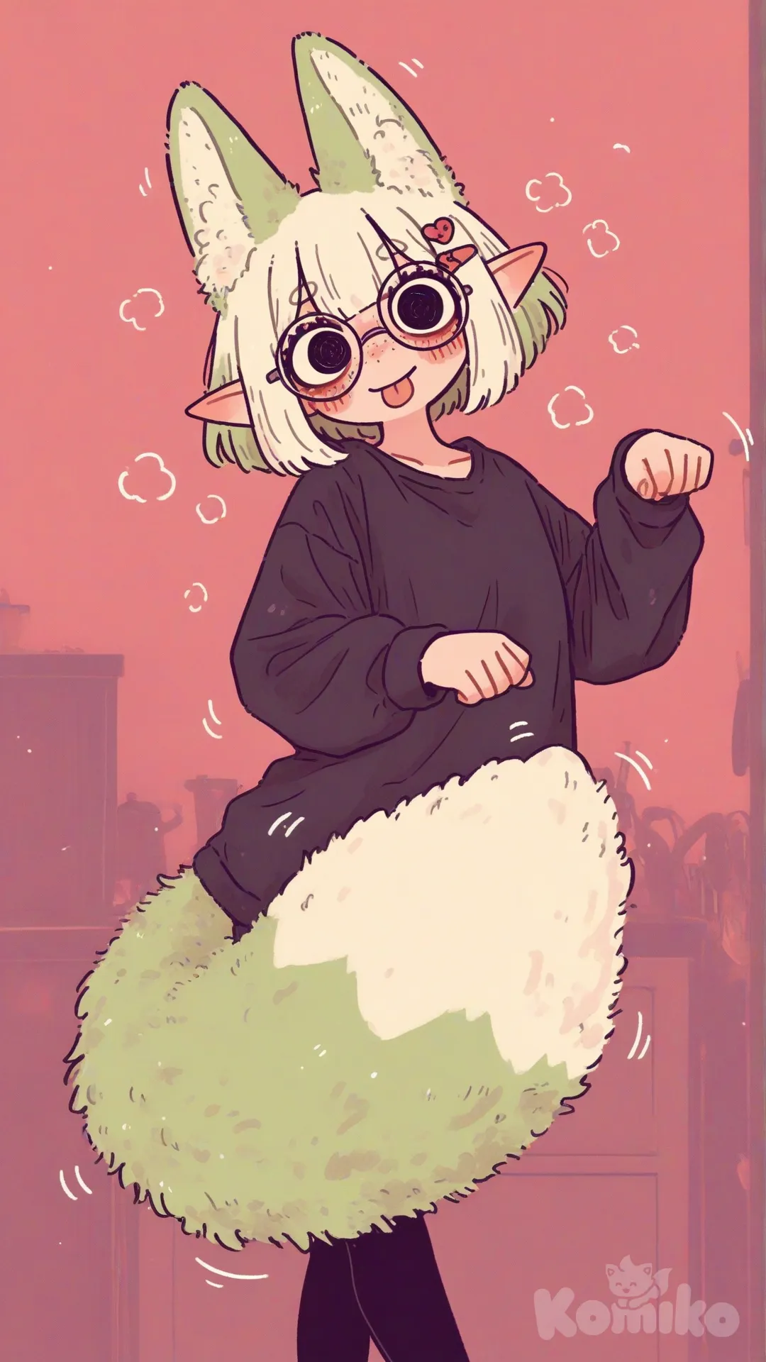 [sweet-painting-style] Animal Features: She is a "kemonomimi" (animal-eared girl), specifically resembling a fox or tanuki. She has large, pointed green ears and a thick, bushy green tail with a white tip.

Hair & Eyes: She has short, bobbed white hair with a light green gradient at the tips. Her eyes are large, dark, and expressive, framed by round glasses and small, high-set eyebrows that give her a perpetual look of mild curiosity.

Distinctive Details: She has subtle pink blush marks or "freckles" under her eyes and wears a small red heart-shaped clip on her bangs. make her dance sticking out her tongue