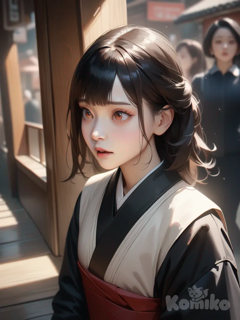 japanese young woman, brown eyes, black hair, beautiful face, scared looking, caught, realistic