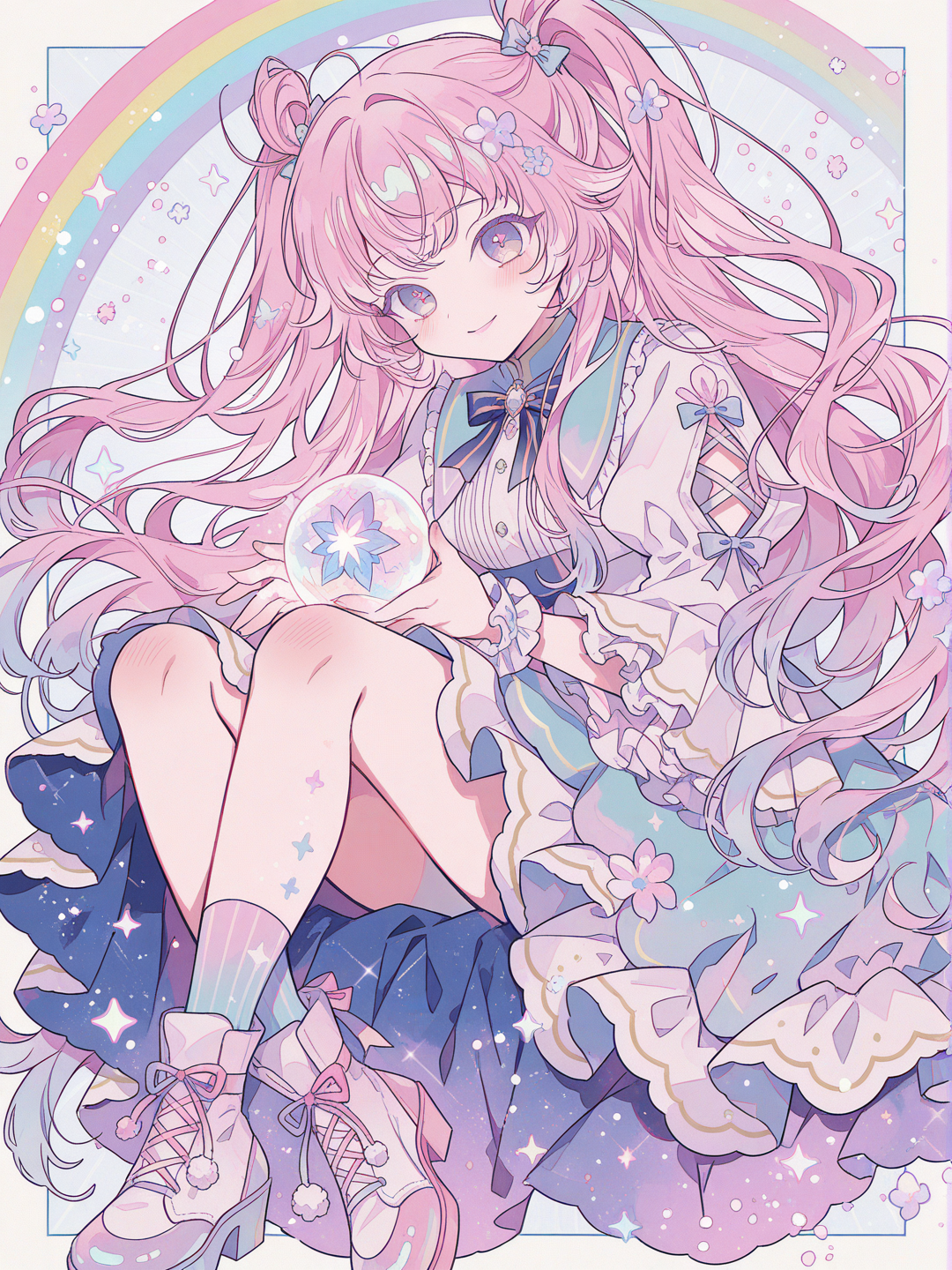 [cyber-candy-style]NSFW, 1girl, sitting cross-legged, blush, smile, full body, ethereal lighting, gradient, rainbow