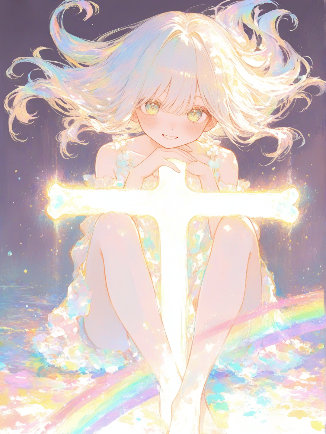 [sweet-painting-style]NSFW, 1girl, sitting cross-legged, blush, smile, full body, ethereal lighting, gradient, rainbow