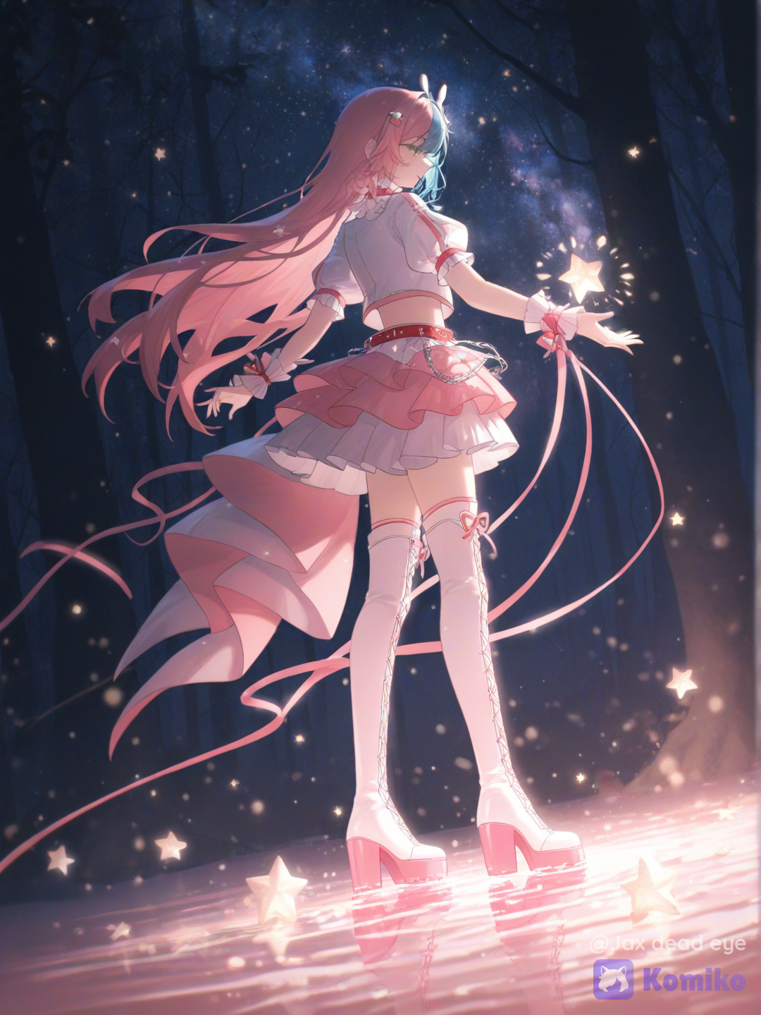 A stunning anime illustration of @aimi-uFya Aimi, the Oshi no Ko style idol girl with long half-pink and half-light-blue hair and sparkling starry pupils.Composition: Medium shot. Aimi is standing at the edge of a perfectly still, crystal-clear mystical pond hidden deep inside a dark night forest. She is gently dipping her fingertips into the water.The Stars: Real miniature stars are floating in the air inside the woods, and their brilliant starlight reflects flawlessly on the water's surface, making it look like she is touching a pool nsfw, of liquid cosmos. Ethereal glowing particles, soft pastel hues, gorgeous depth of field, quality., [dreamy-haze-style]