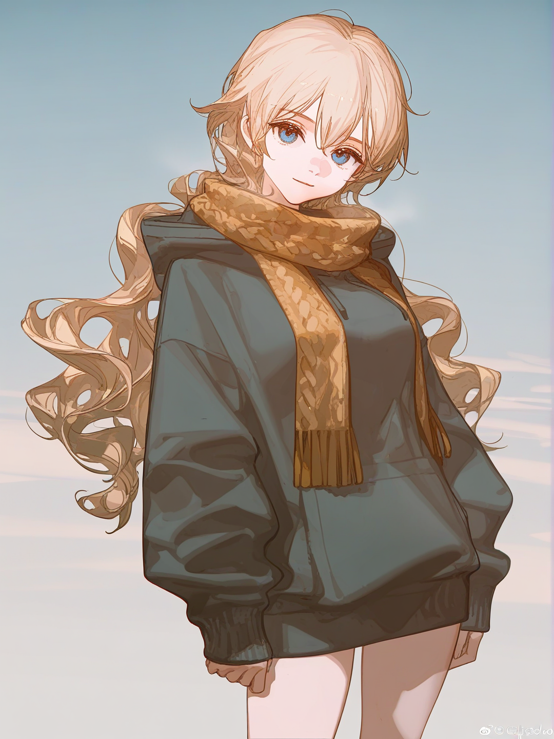 [dazzling-illustration-style], 1girl, teenager, tall, blonde hair, frizzy hair, wavy hair messy hair, blue eyes, fair skin, hoodie, blonde scarf