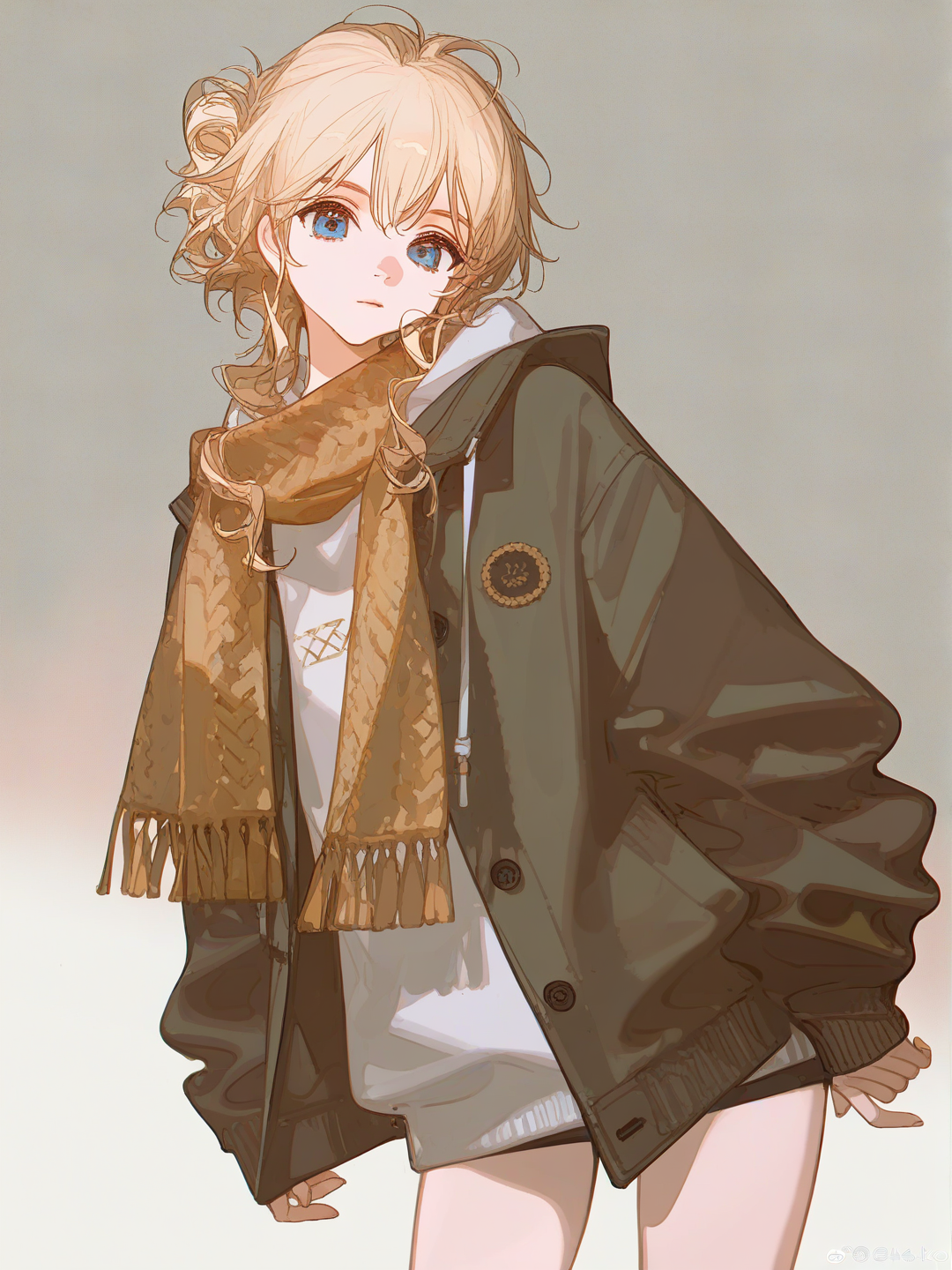 [dazzling-illustration-style], 1girl, teenager, tall, blonde hair, frizzy hair, wavy hair messy hair, blue eyes, fair skin, hoodie, blonde scarf