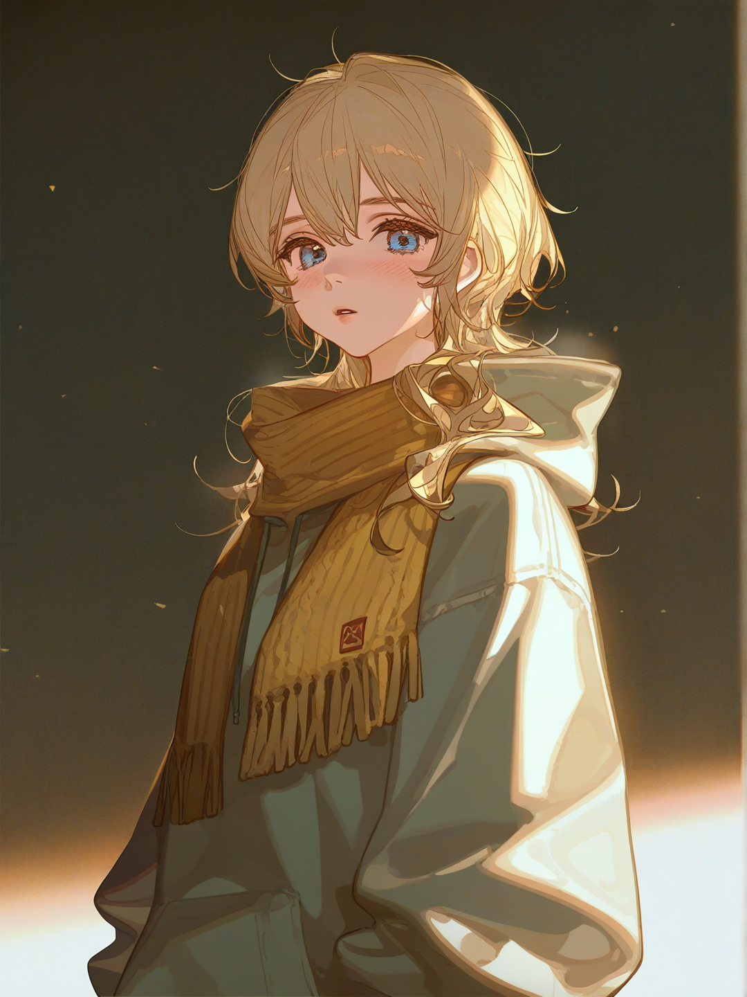 [dazzling-illustration-style], 1girl, teenager, tall, blonde hair, frizzy hair, wavy hair messy hair, blue eyes, fair skin, hoodie, blonde scarf