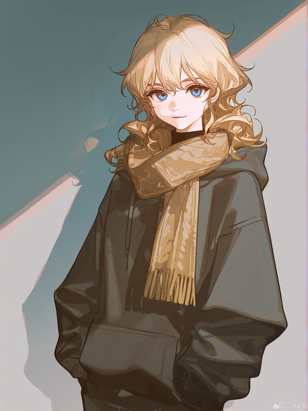 [dazzling-illustration-style], 1girl, teenager, tall, blonde hair, frizzy hair, wavy hair messy hair, blue eyes, fair skin, hoodie, blonde scarf