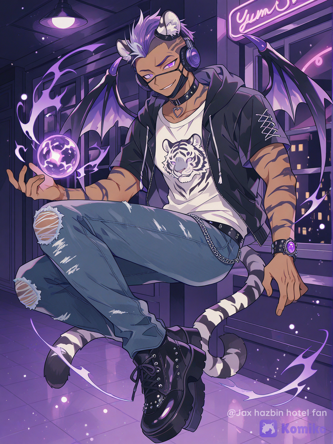 [cyber-candy-style]1boy, mature, tall, muscular, athletic, mohawk, purple eyes, dark skin, hoodie, t-shirt, jeans, ruffles, tassels, lace, plastic, studs, zebra print, headphones, bow, choker, EMO, demon boy, demon wings, tiger like, tiger painting around him glow eyes, floating, smirk, smile, face mask, magic orb, wolf ears tiger ears, khaki, full body, neon lights, window light, studio lighting, glowing particles