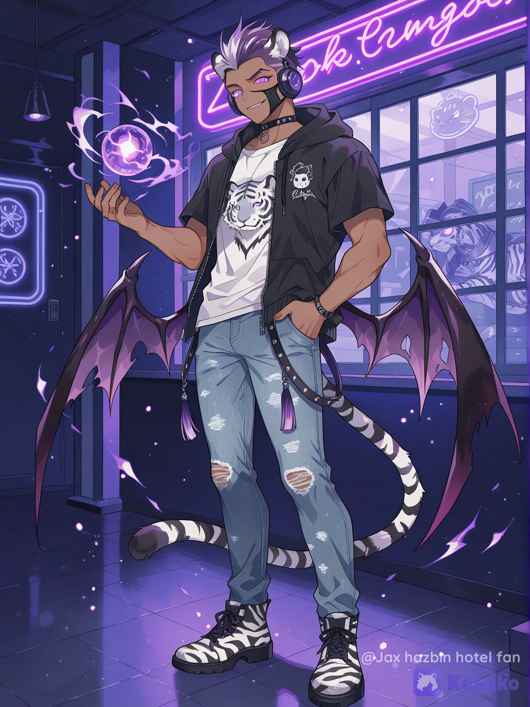 [cyber-candy-style]1boy, mature, tall, muscular, athletic, mohawk, purple eyes, dark skin, hoodie, t-shirt, jeans, ruffles, tassels, lace, plastic, studs, zebra print, headphones, bow, choker, EMO, demon boy, demon tiger like wings, tiger like, tiger painting around him glow eyes, floating standing up, smirk, smile, face mask, magic orb, wolf ears tiger ears, khaki, full body, neon lights, window light, studio lighting, glowing particles tiger behind him