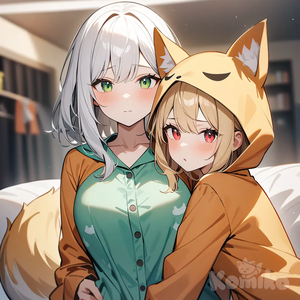 2girls, une fille cheveux blanc yeux rouge poitrine généreuse peau claire habillé d'un pyjama avec une capuche renard, l'autre fille cheveux blond yeux vert peau claire moyenne poitrine habillé d'un pyjama. Elles font un câlin