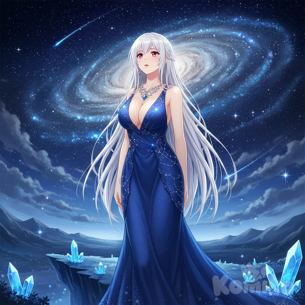 1girl, evening dress, necklace, starry sky, cheveux blanc, yeux rouge, gros seins, anime style