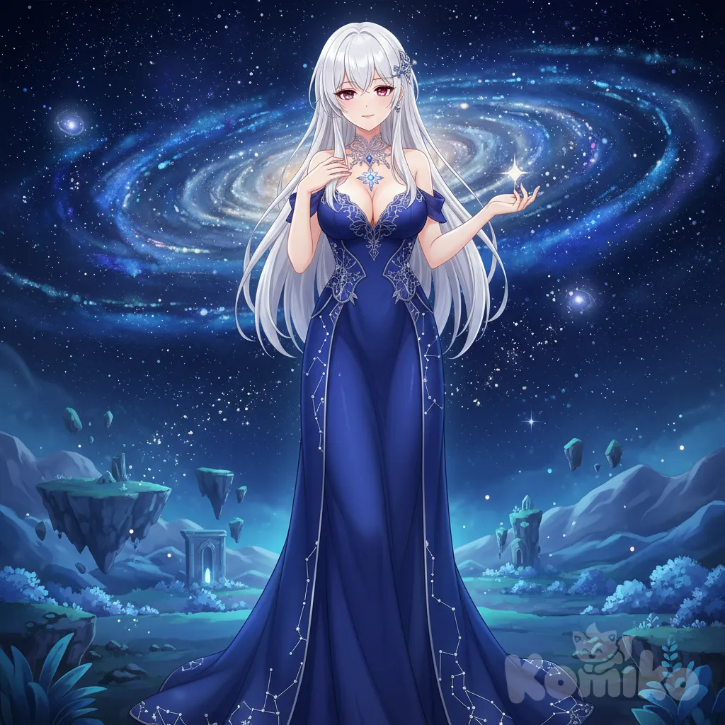1girl, evening dress, necklace, starry sky, cheveux blanc, yeux rouge, gros seins, Genshin Impact, anime style