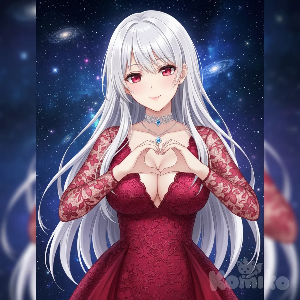 1girl, heart hands, evening dress, lace, necklace, starry sky, cheveux blanc, yeux rouge, gros seins, anime style