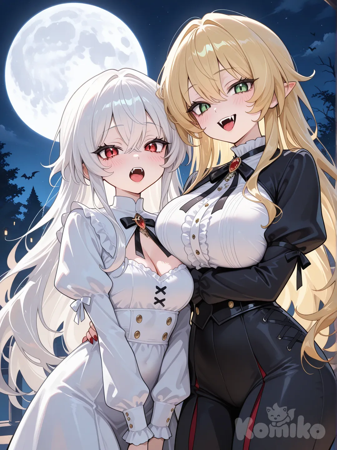 2girls, la première fille yeux rouge cheveux blanc et grosse poitrine, la deuxième fille cheveux blond yeux vert, pleine lune, avec des canine de vampire
