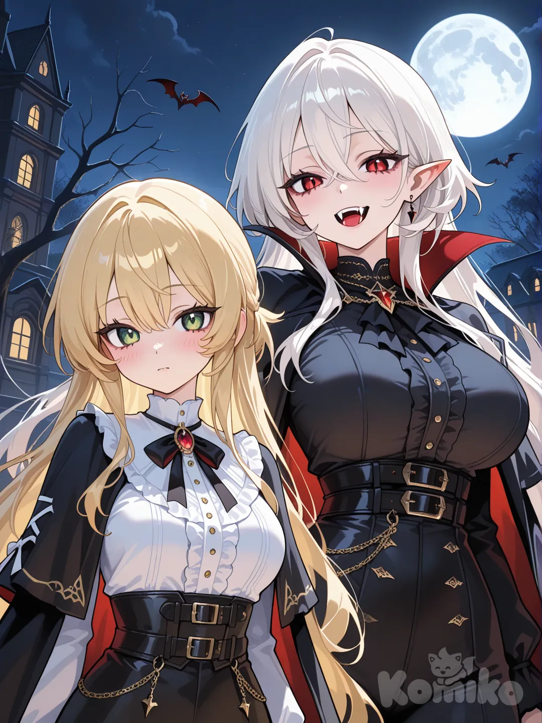 2girls, la première fille yeux rouge cheveux blanc et grosse poitrine, la deuxième fille cheveux blond yeux vert, pleine lune, avec des canine de vampire