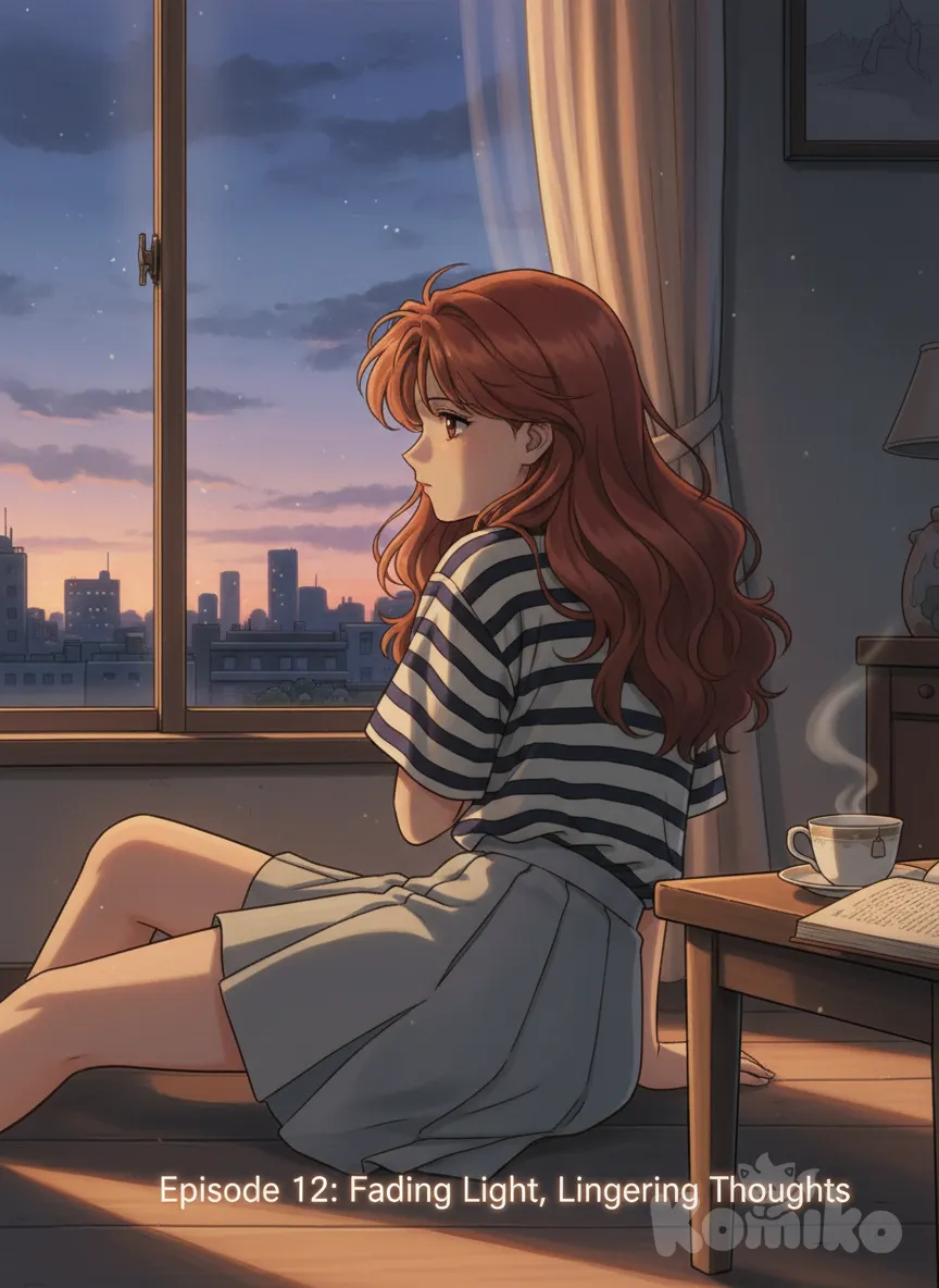 anime screencap, lie on stomache, striped shirt, pleated skirt, looking away, twilight, anime style